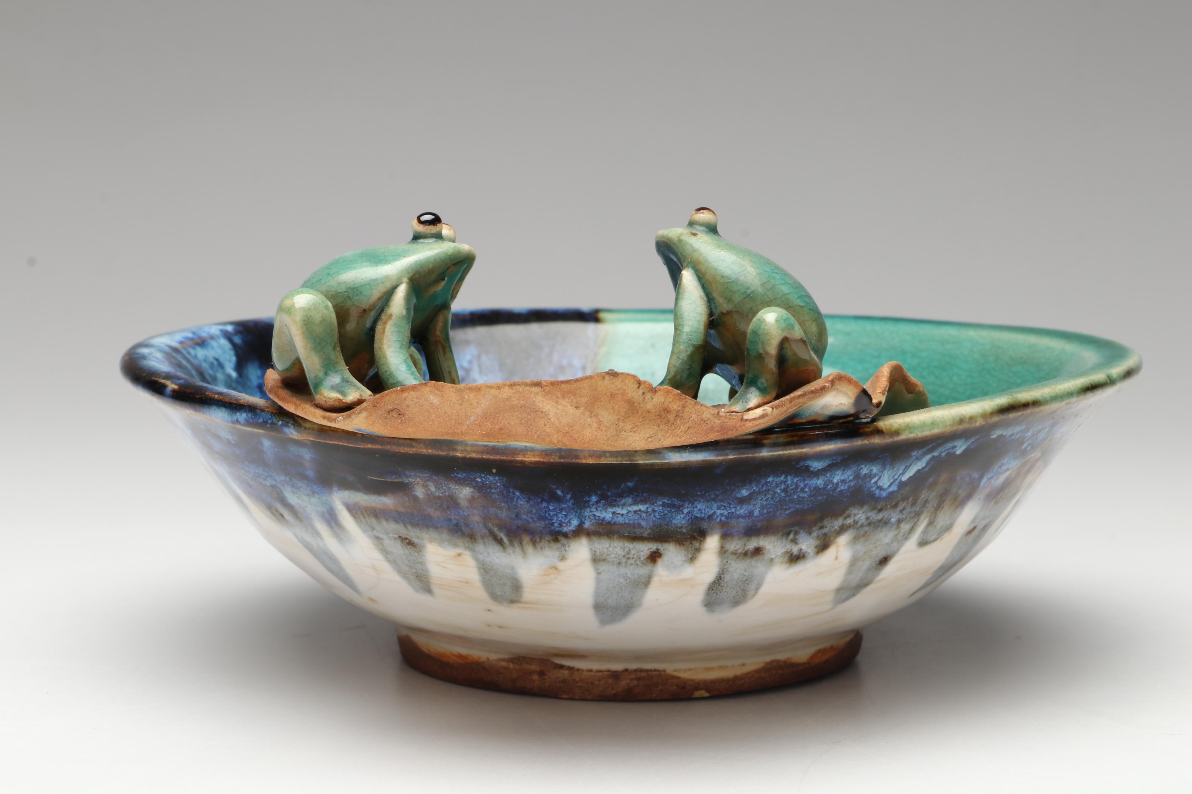 Frog and Lily Pad Art Pottery Stoneware Bowls