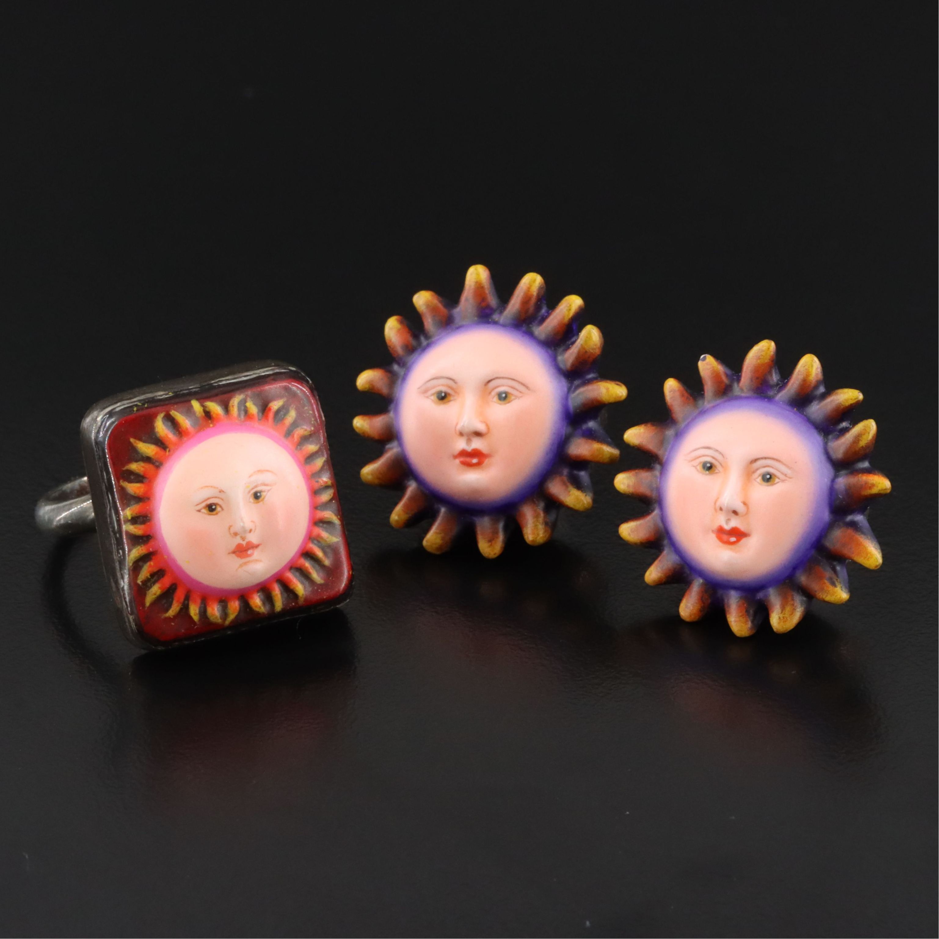 Mexican Sergio Bustamante Sterling Resin Sun Face Ring and Earrings