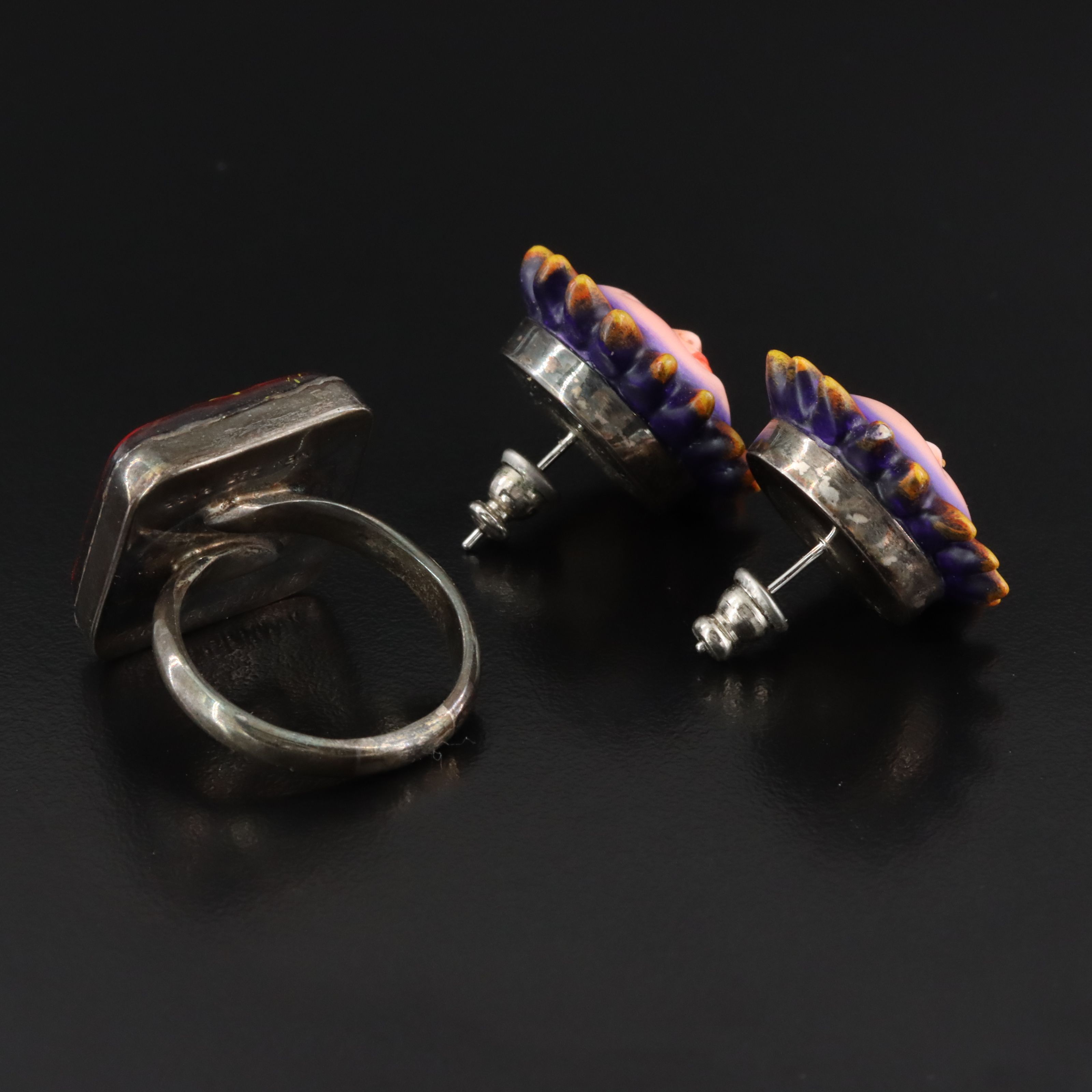 Mexican Sergio Bustamante Sterling Resin Sun Face Ring and Earrings
