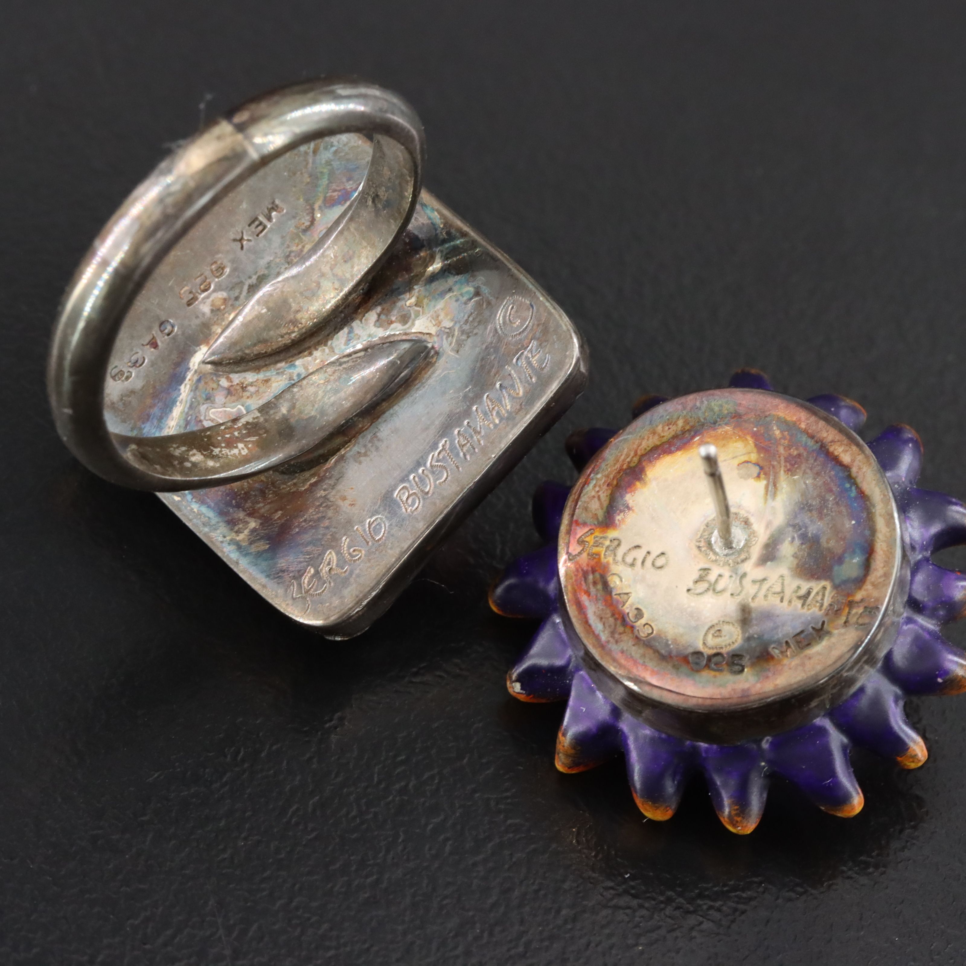 Mexican Sergio Bustamante Sterling Resin Sun Face Ring and Earrings