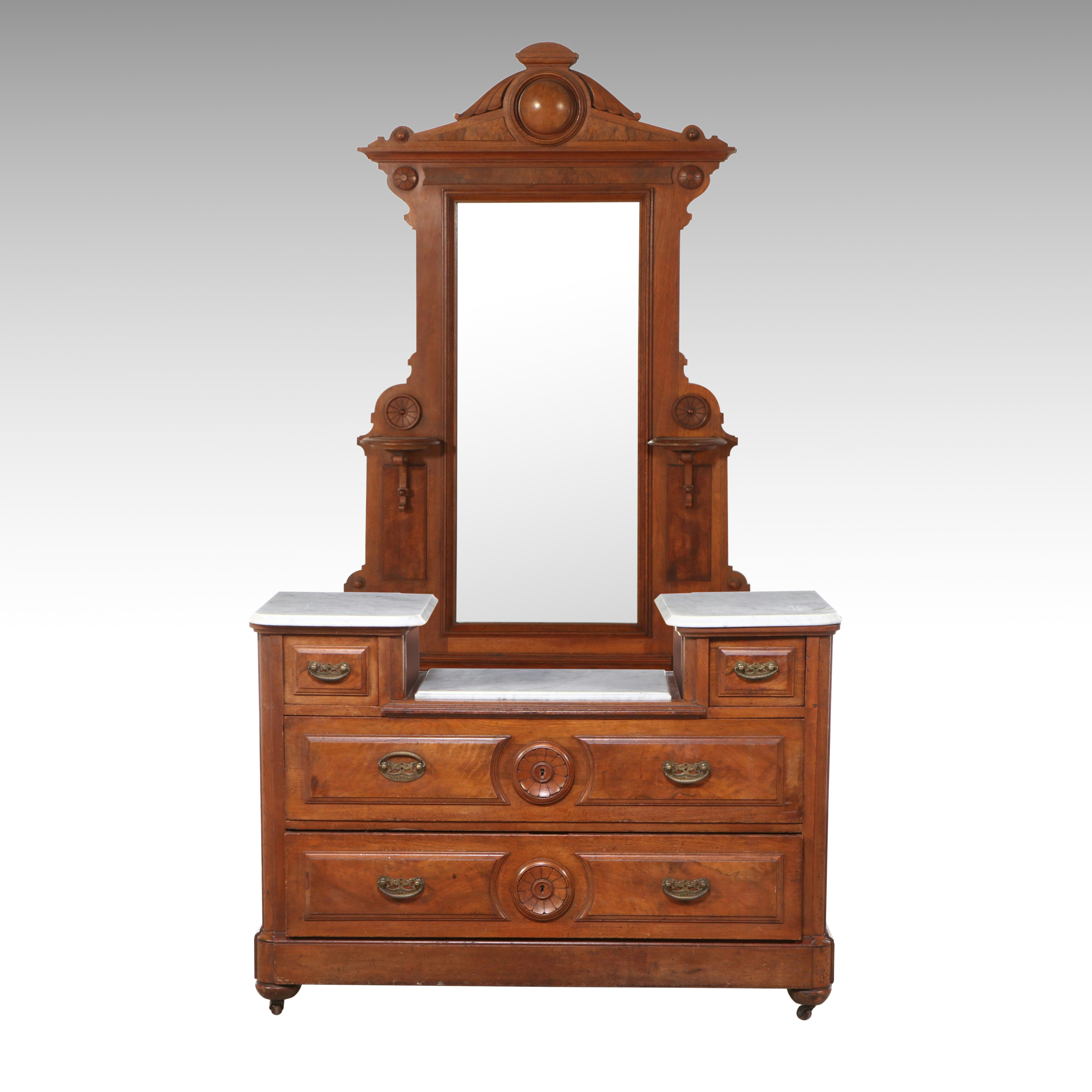 Victorian Marble Top Mahogany and Burl Wood Dresser with Mirror
