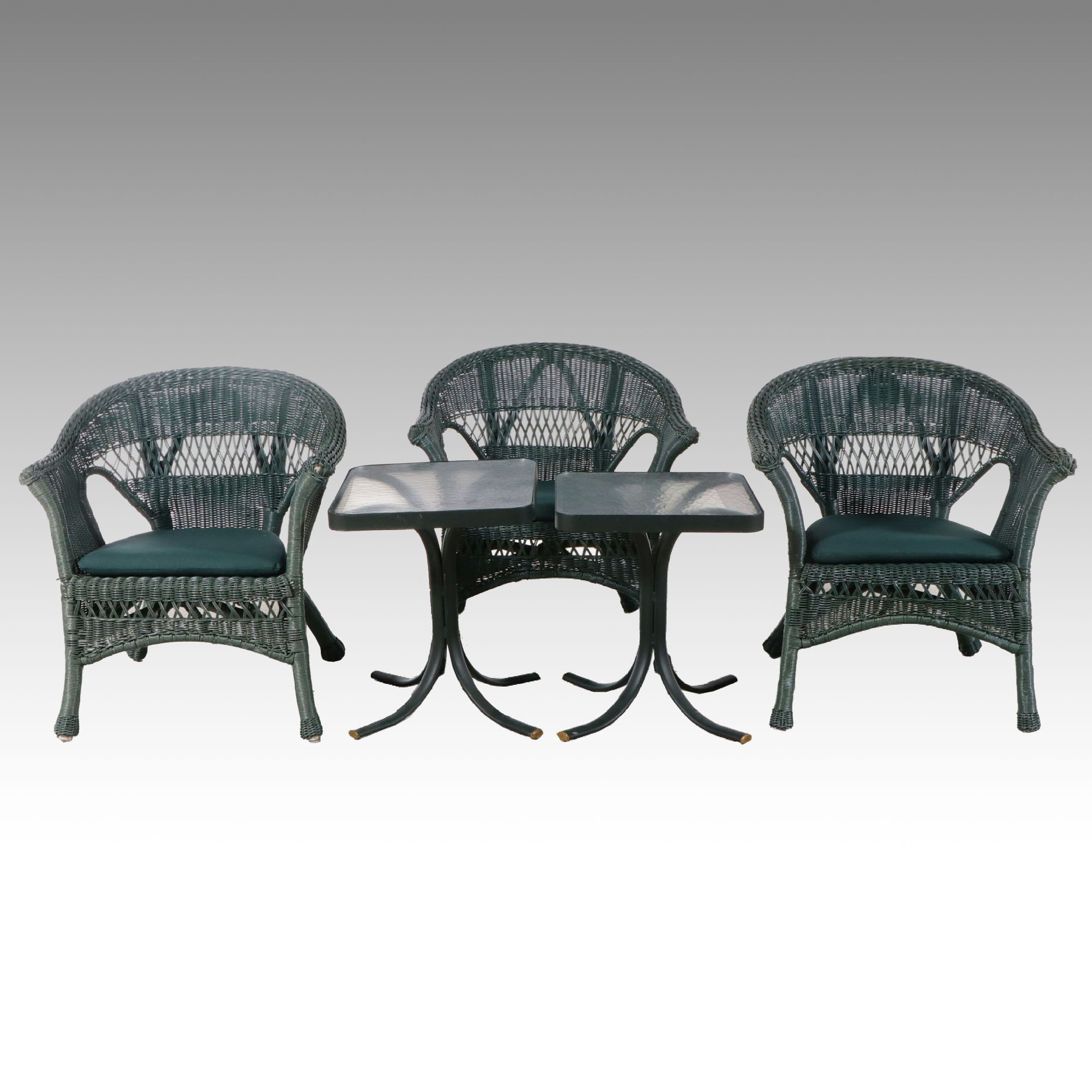 Three Green Resin Wicker Patio Armchairs and Two Metal Framed Accent Tables