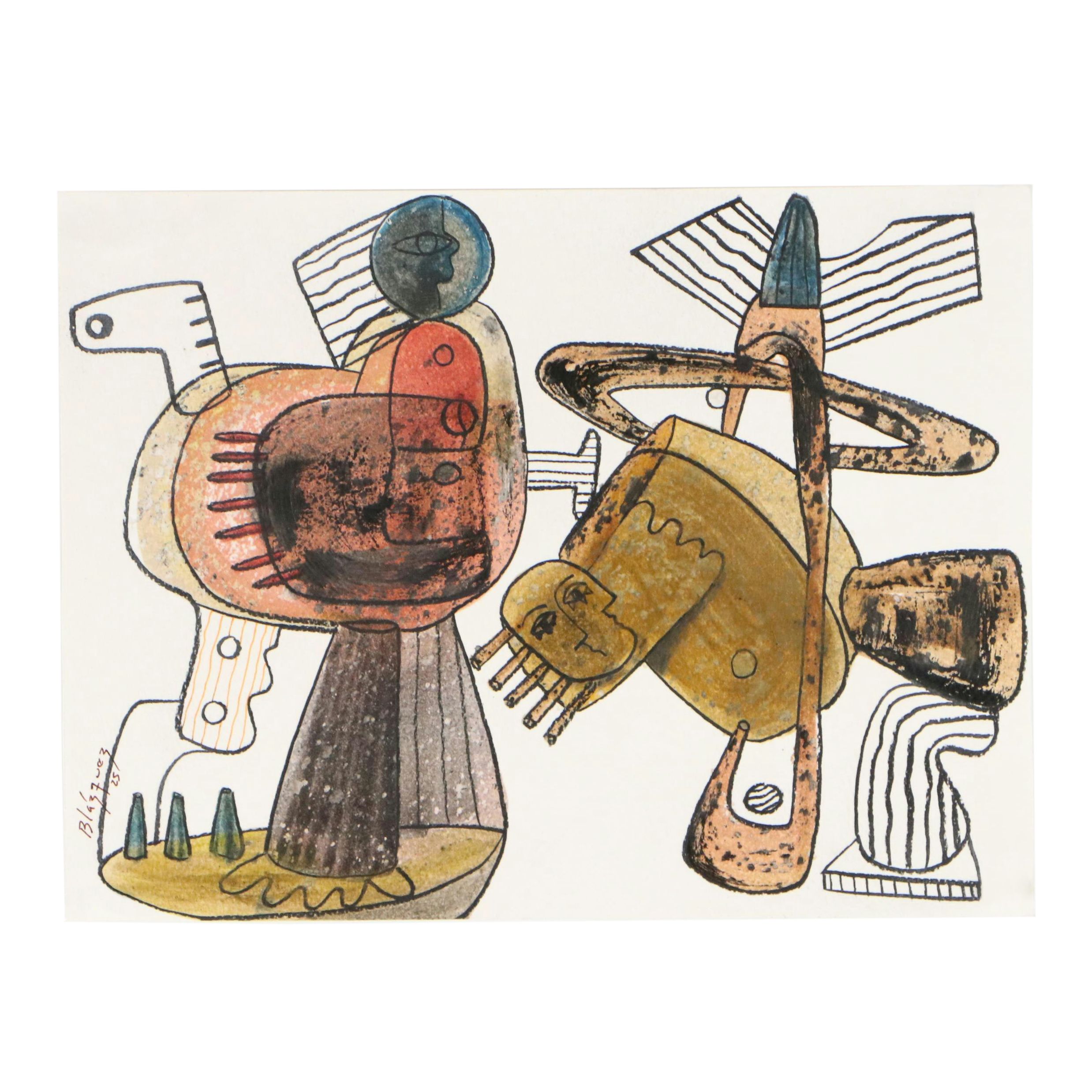 Michel Blázquez Surrealist Mixed Media Painting "Untitled," 2025