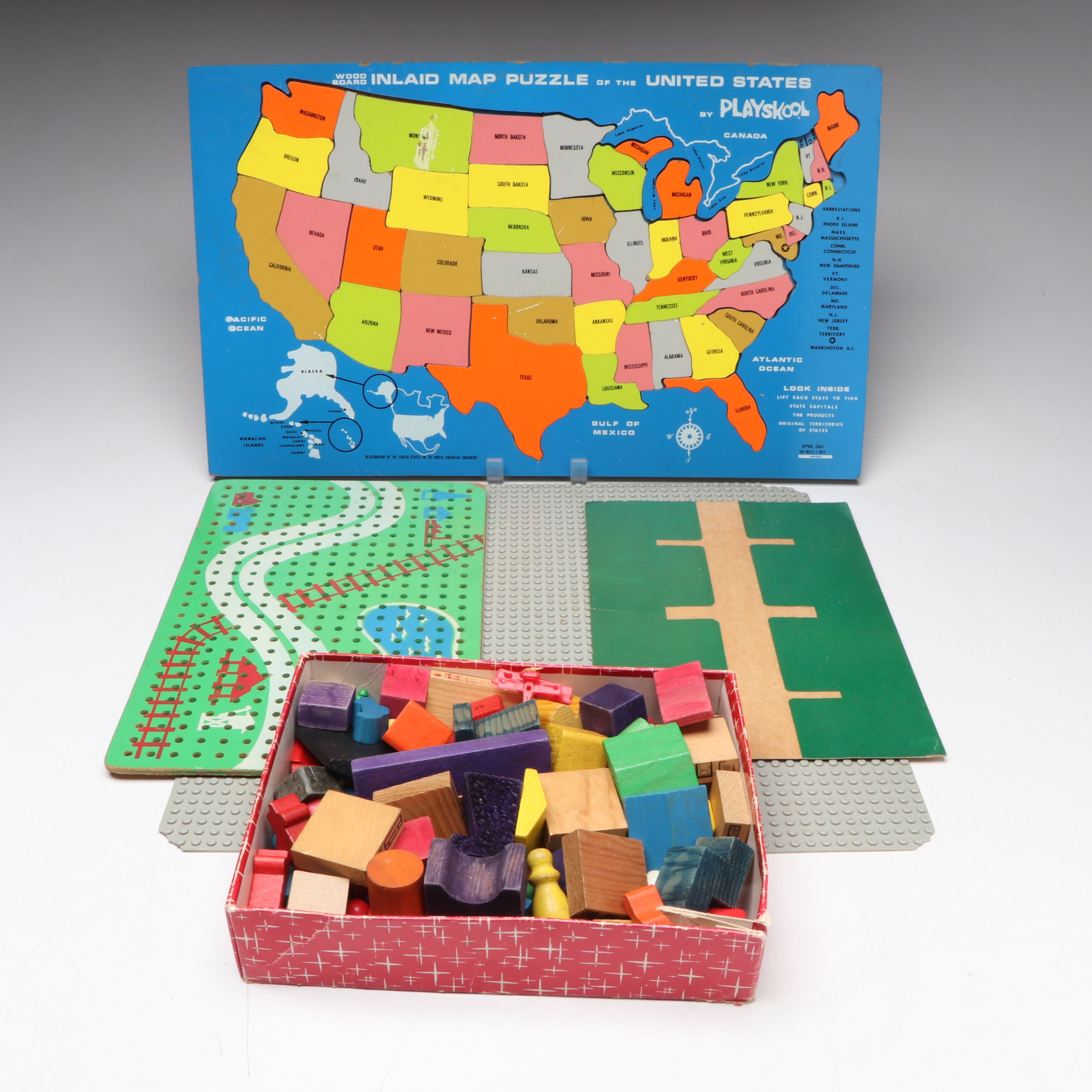 Playskool Inlaid Map Puzzle and Peg Board with Wood Blocks and LEGO Base Plate