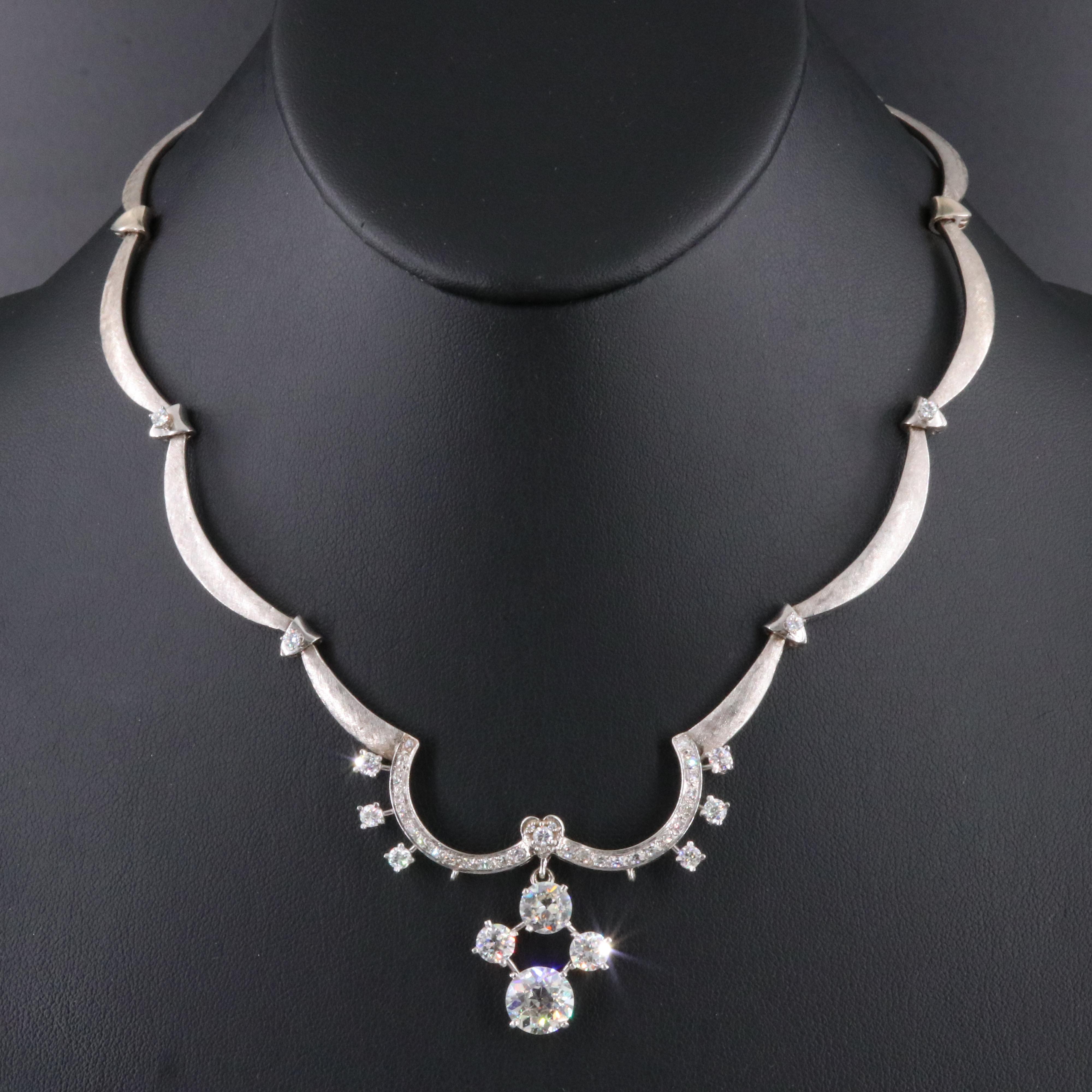 1940s 14K 6.55 CTW Diamond Cinched Necklace with Platinum Drop Settings
