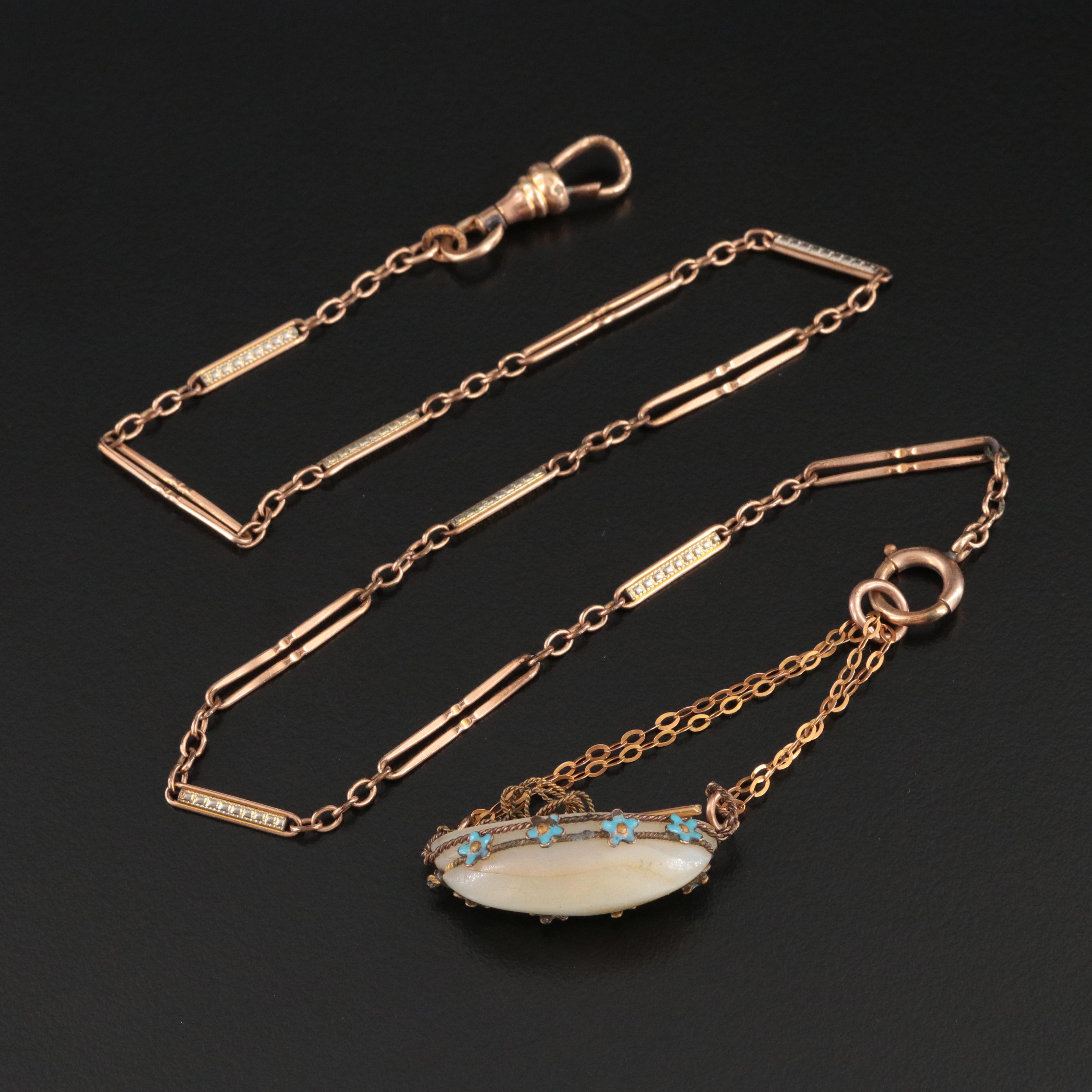 Vintage Gold-Filled Watch Chain and Mother-of-Pearl and Enamel Fob Charm