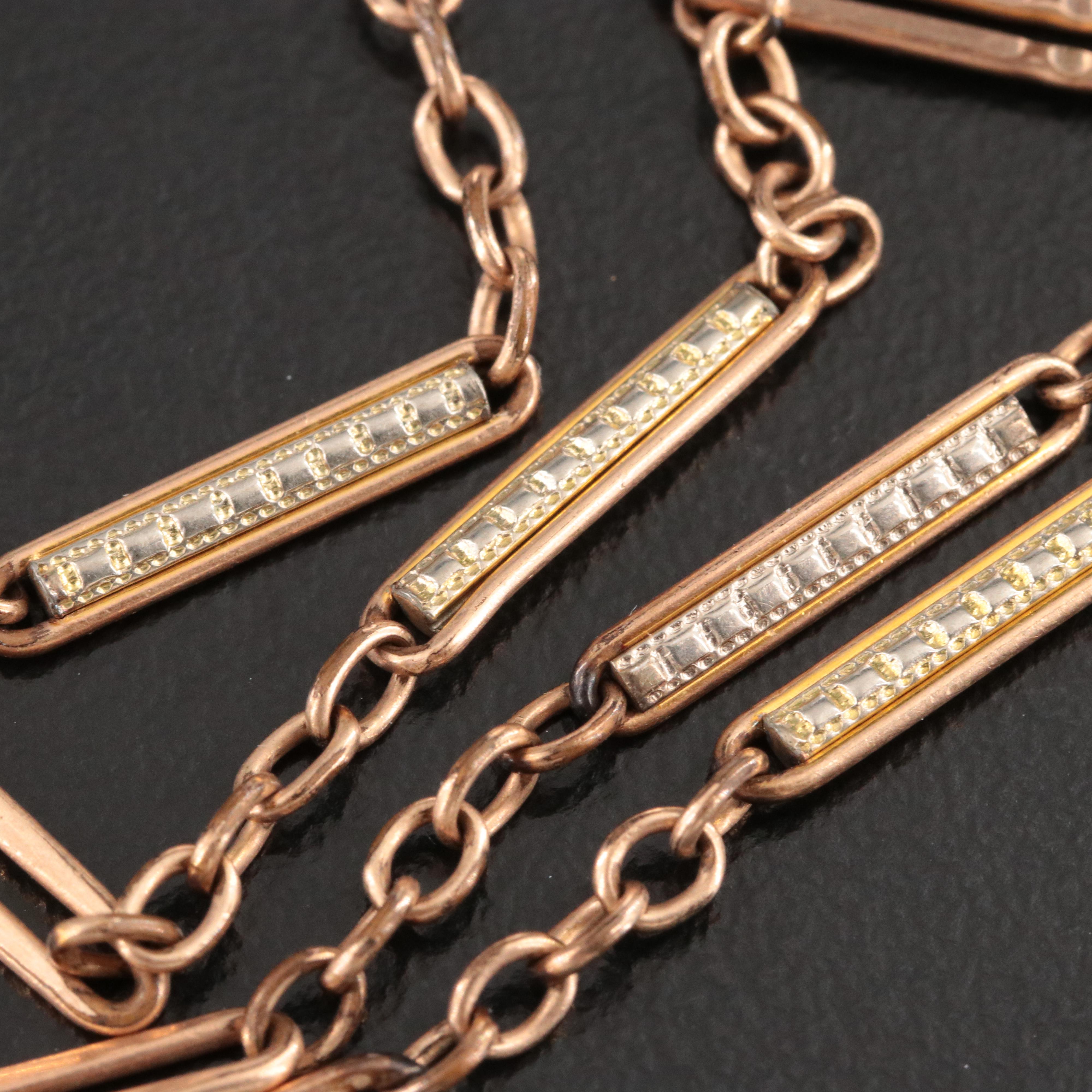 Vintage Gold-Filled Watch Chain and Mother-of-Pearl and Enamel Fob Charm