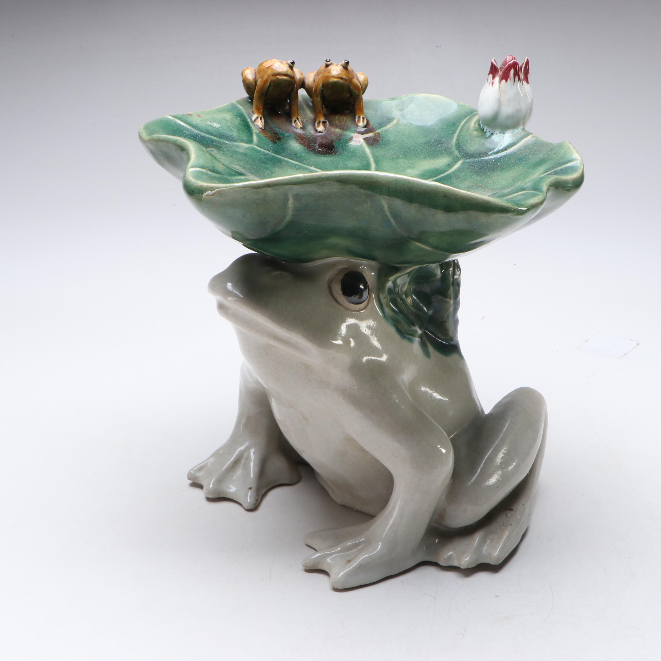 Rabbit and Frog with Water Lilies Crackled Glazed Ceramic Planter Stands