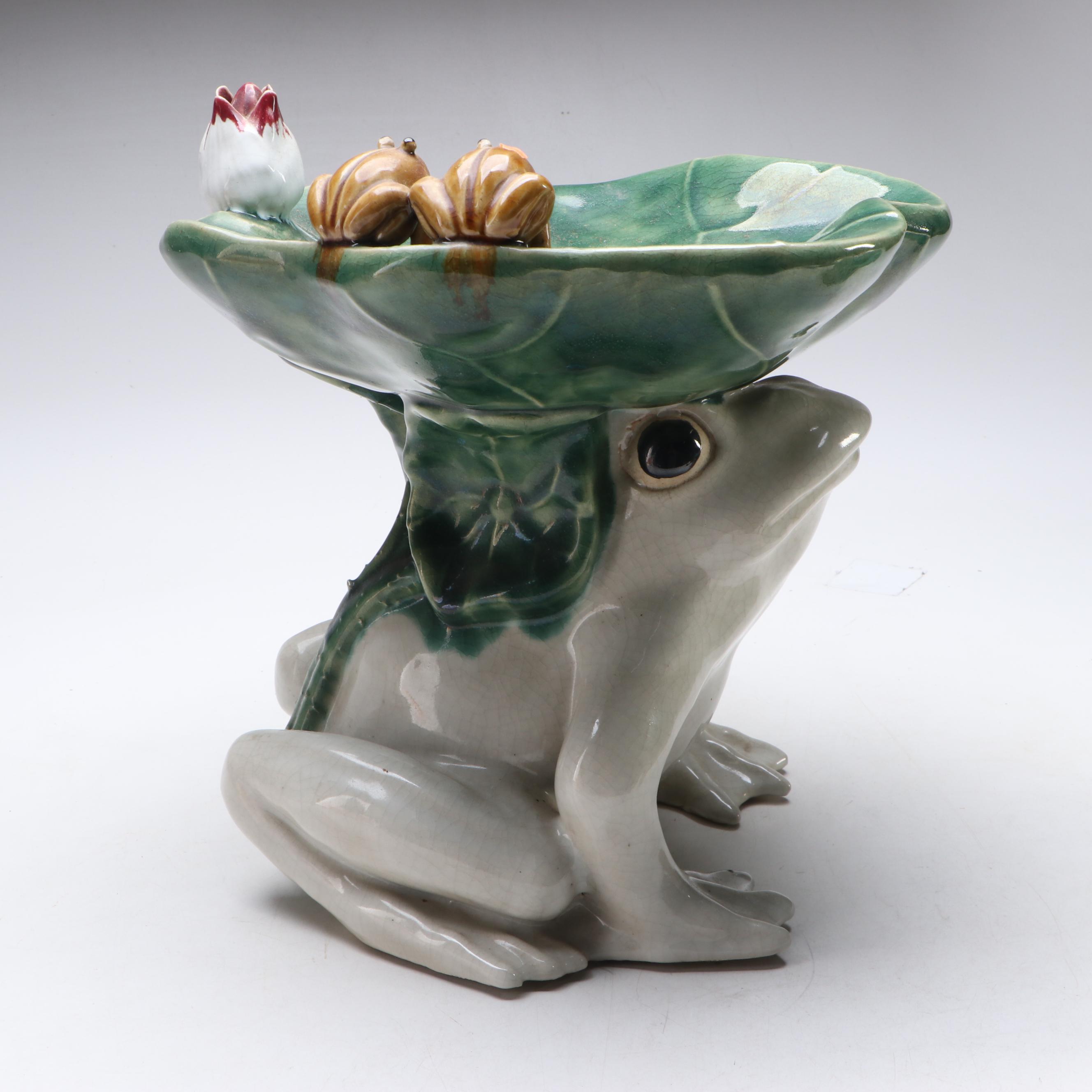Rabbit and Frog with Water Lilies Crackled Glazed Ceramic Planter Stands