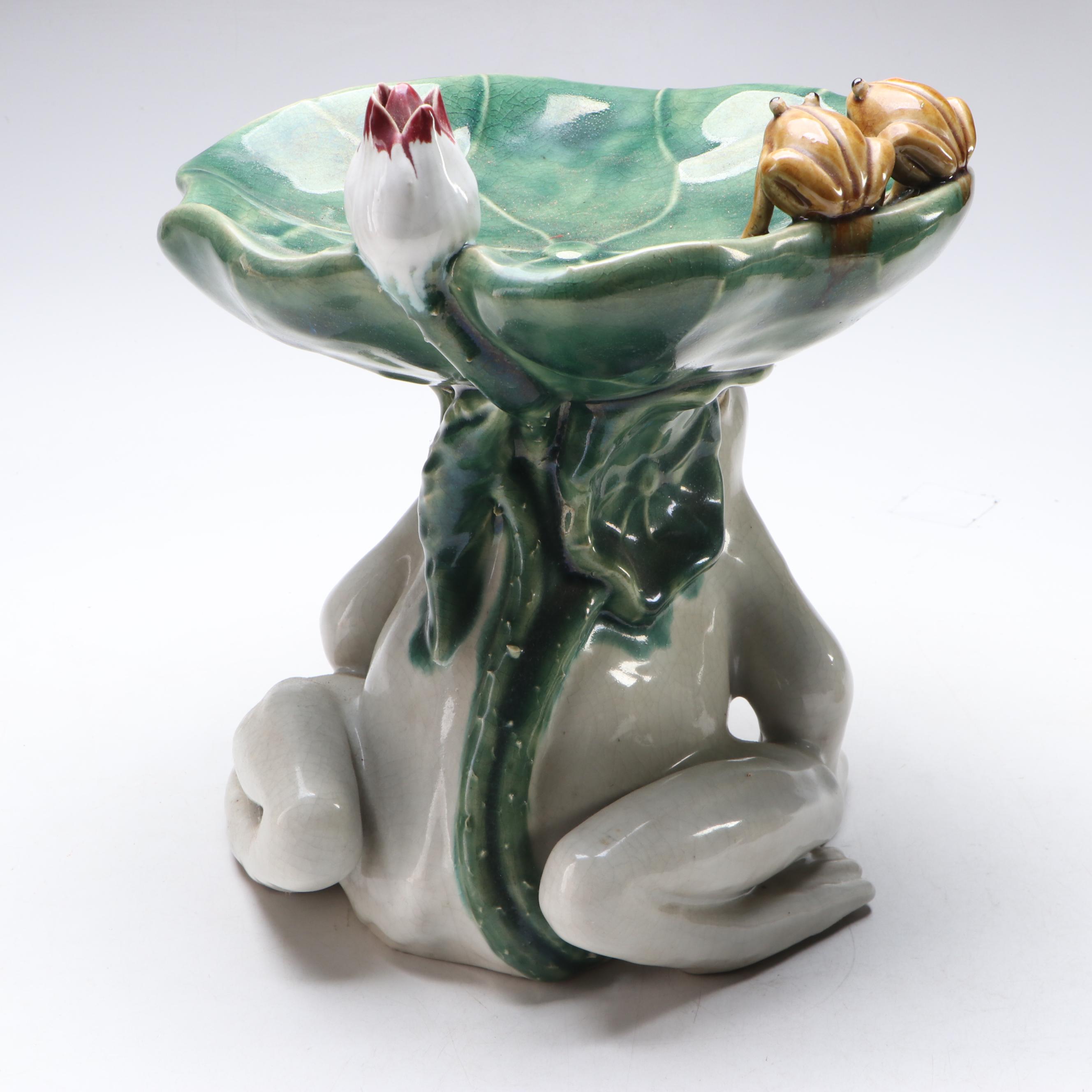 Rabbit and Frog with Water Lilies Crackled Glazed Ceramic Planter Stands