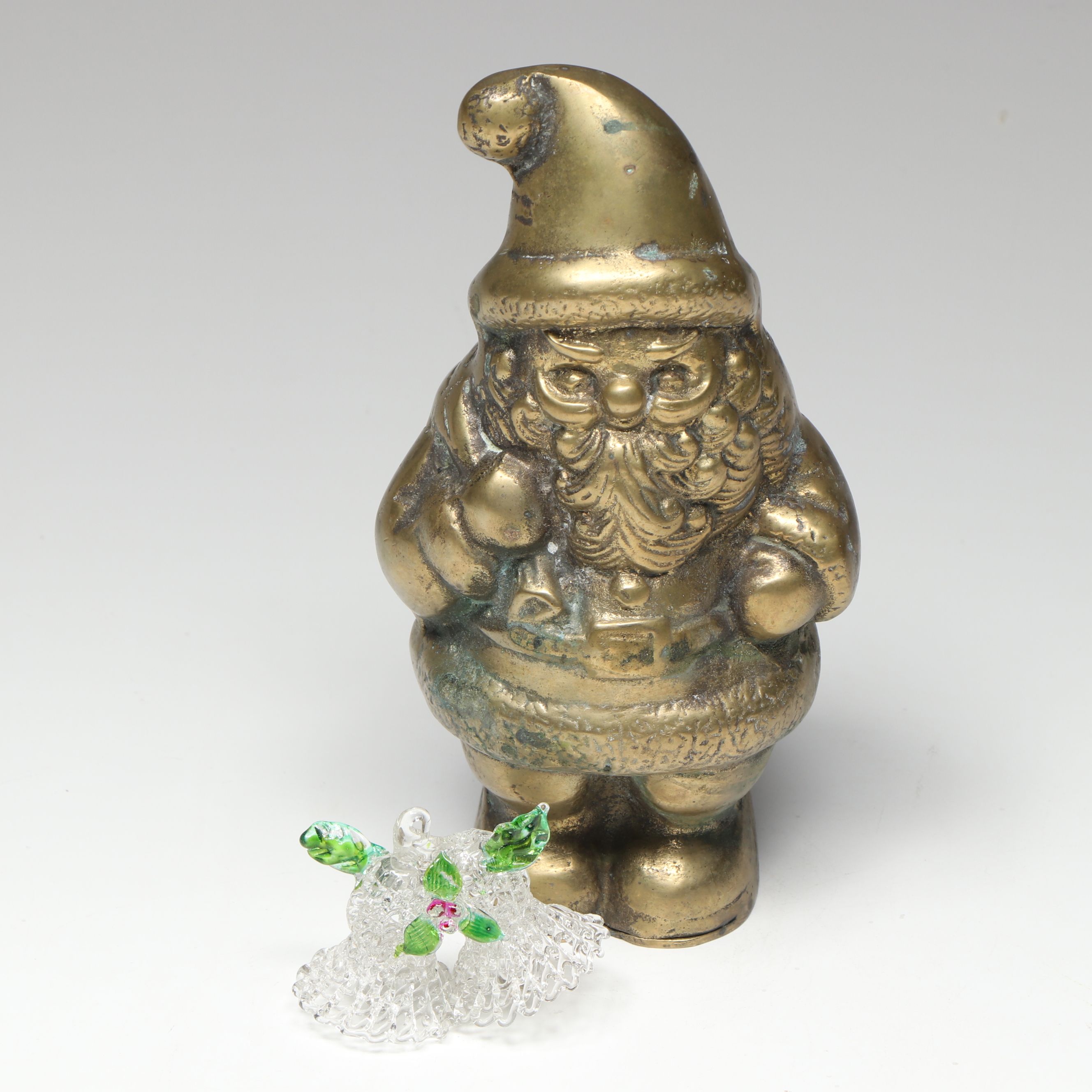 Cast Brass Santa Claus with Spun Glass Holiday Bells Ornament