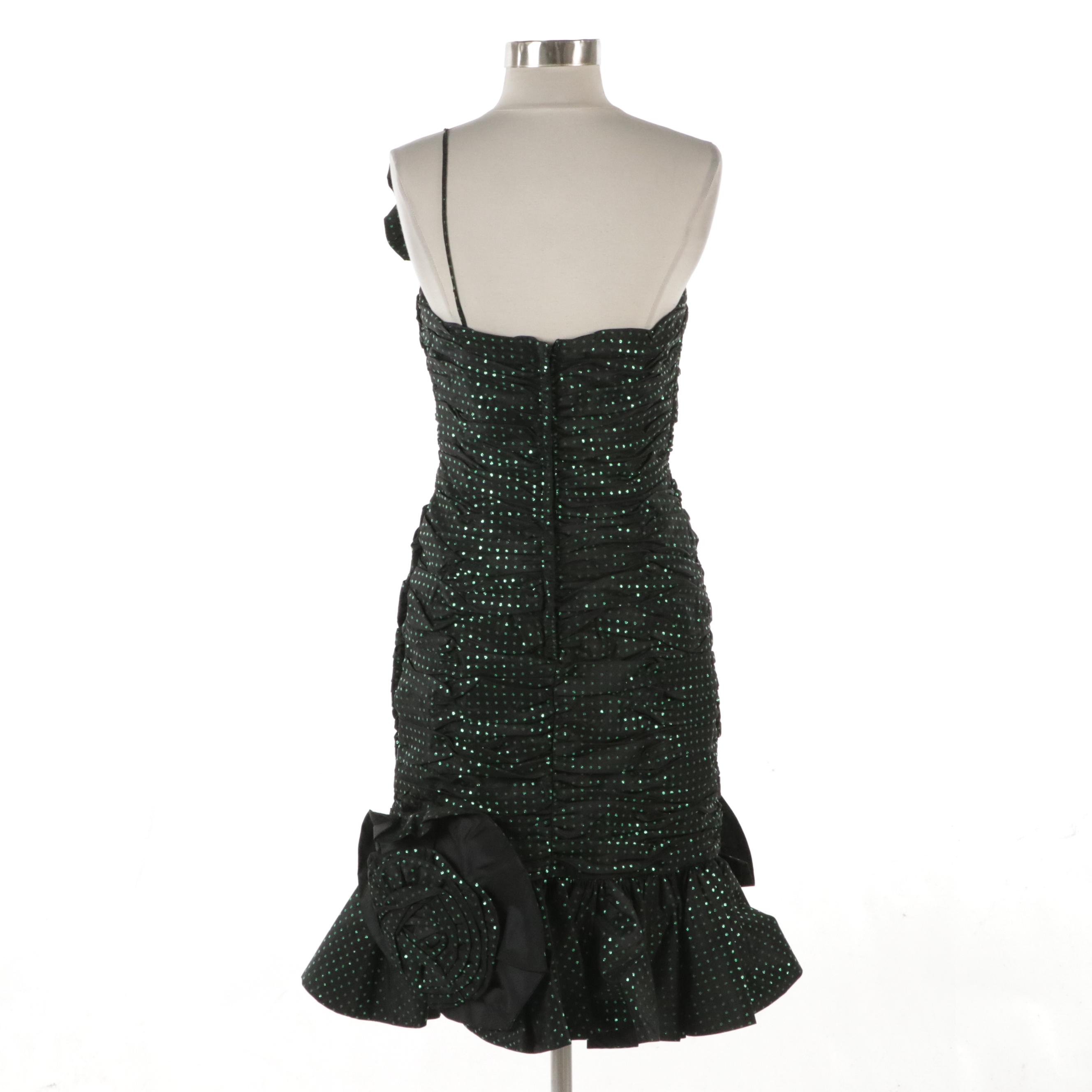 Victor Costa Vintage Polka Dot Ruched Party Dress with Rosette Details