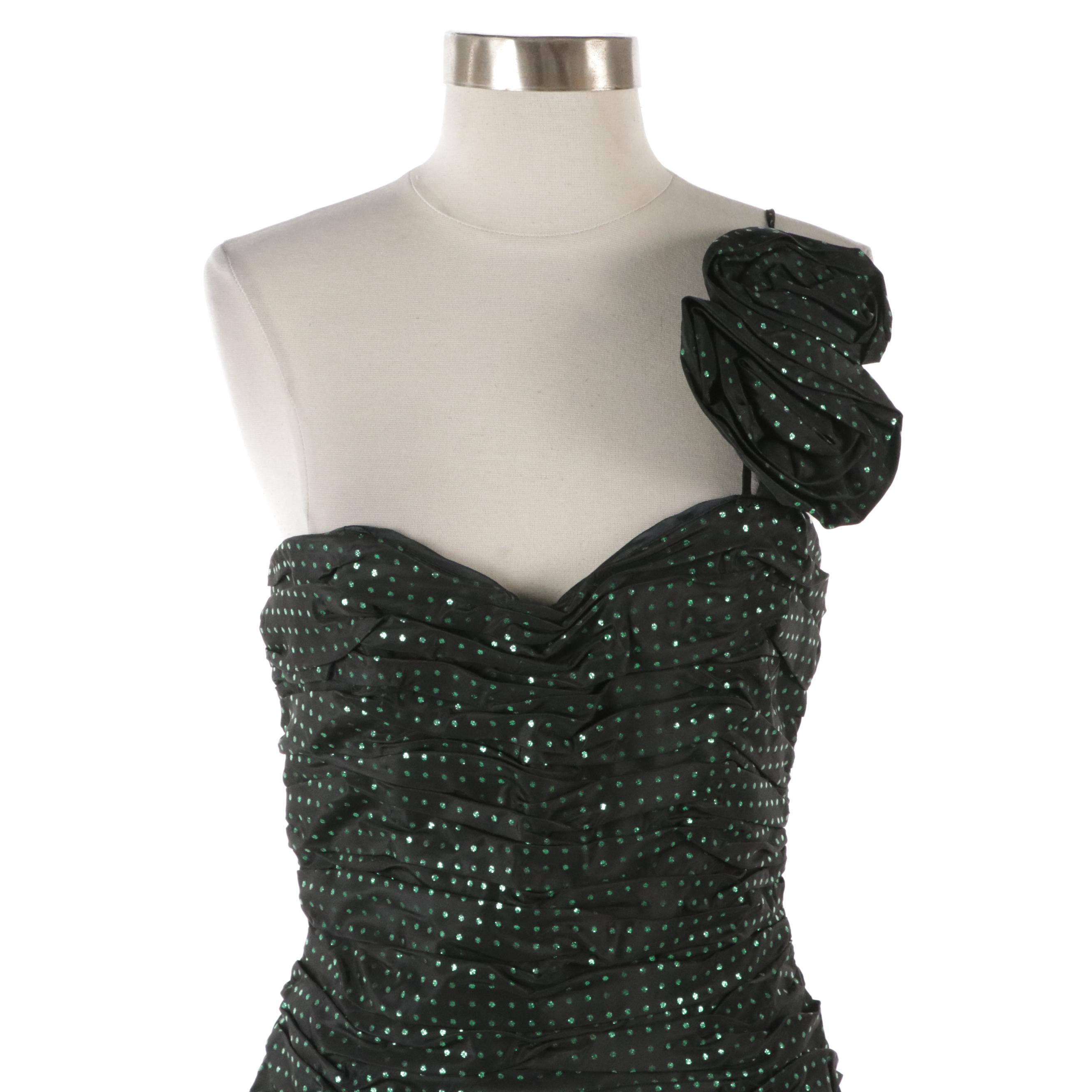 Victor Costa Vintage Polka Dot Ruched Party Dress with Rosette Details