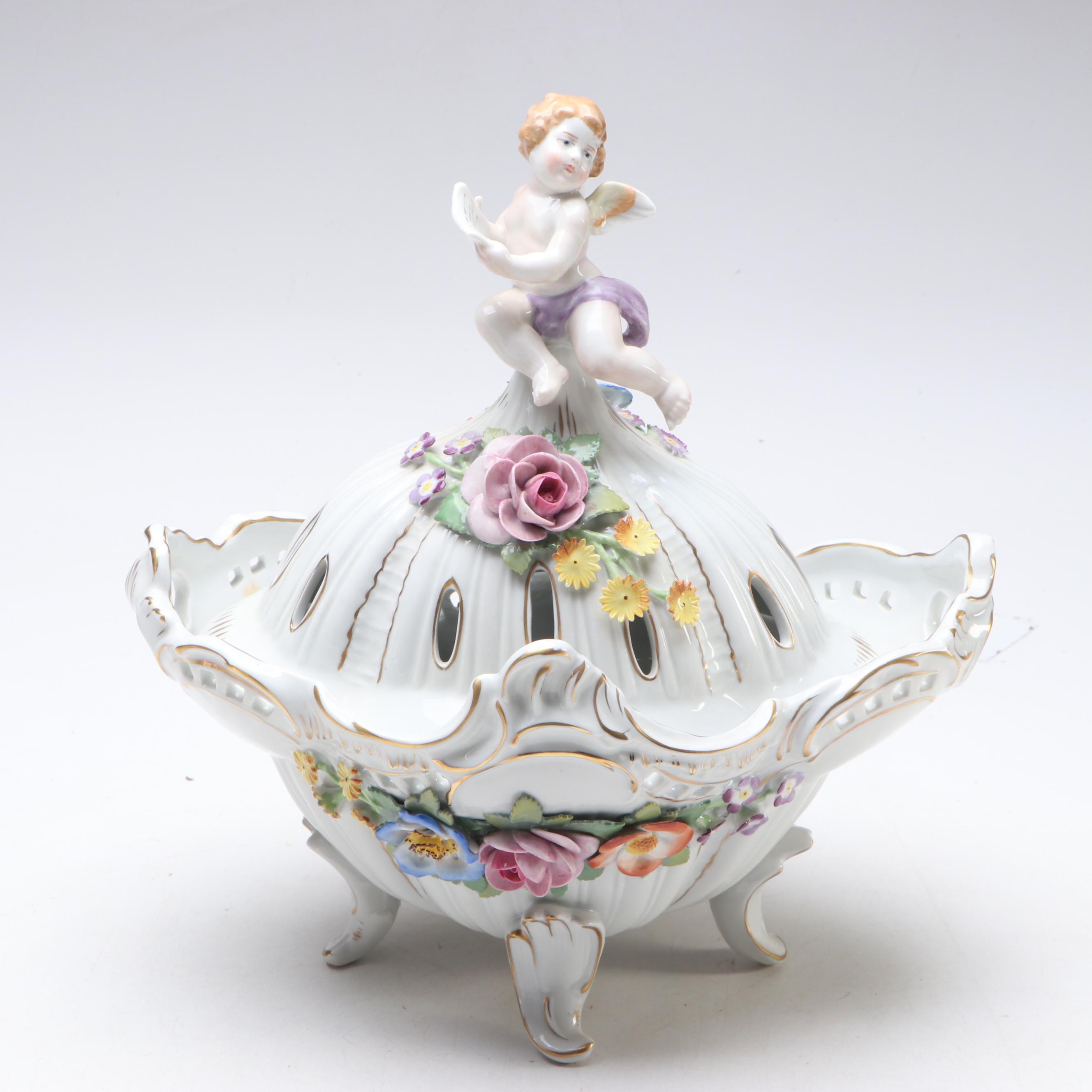 German Floral Gilt Porcelain Lidded Vases and Centerpiece, Late 20th Century