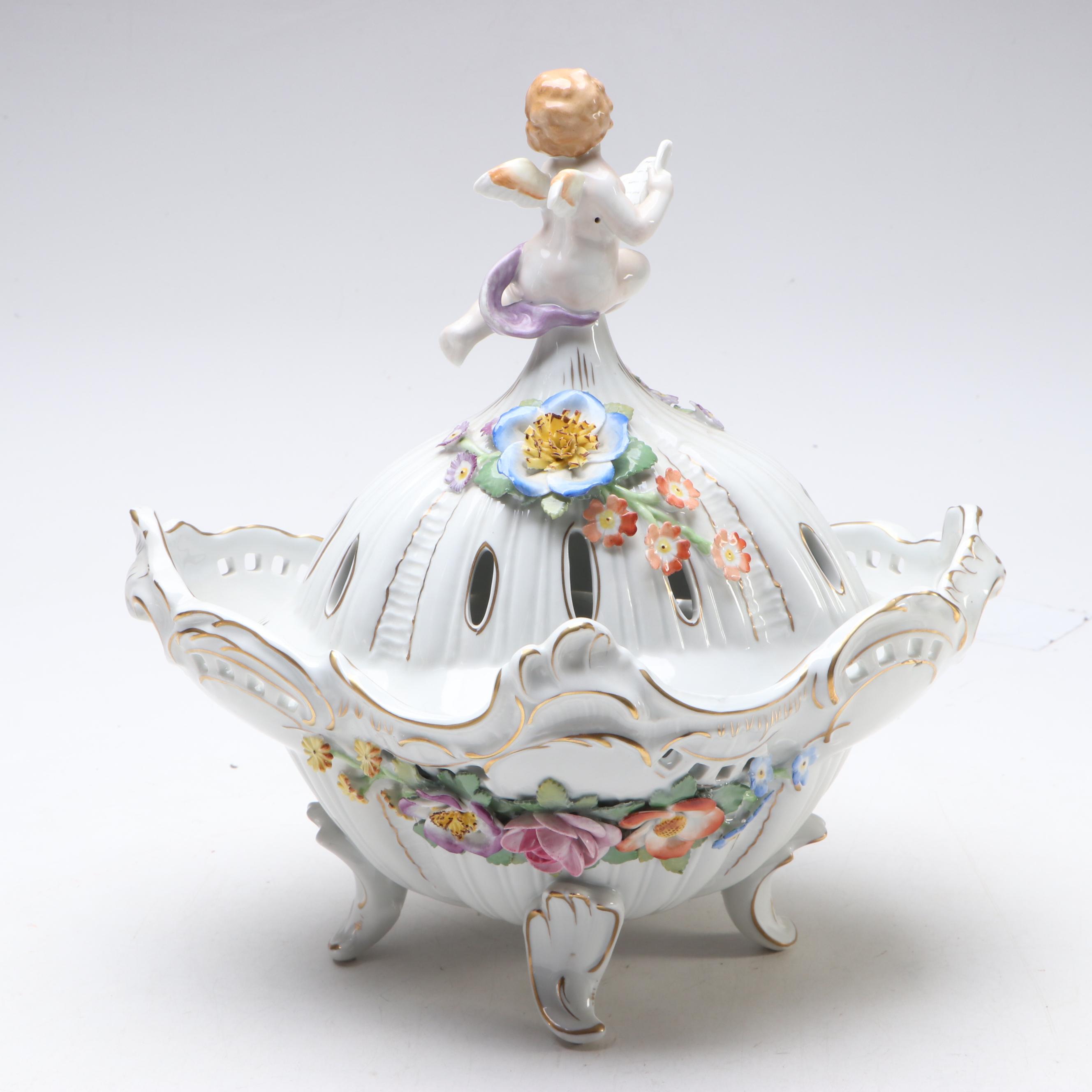 German Floral Gilt Porcelain Lidded Vases and Centerpiece, Late 20th Century