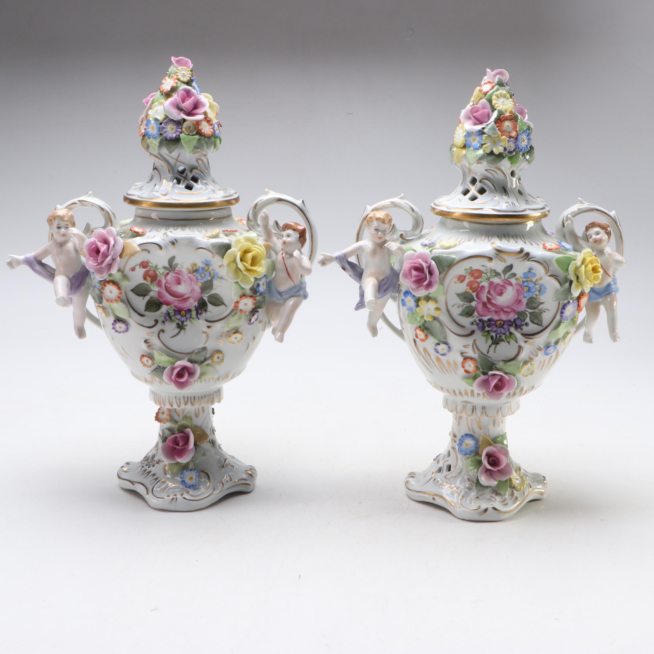 German Floral Gilt Porcelain Lidded Vases and Centerpiece, Late 20th Century