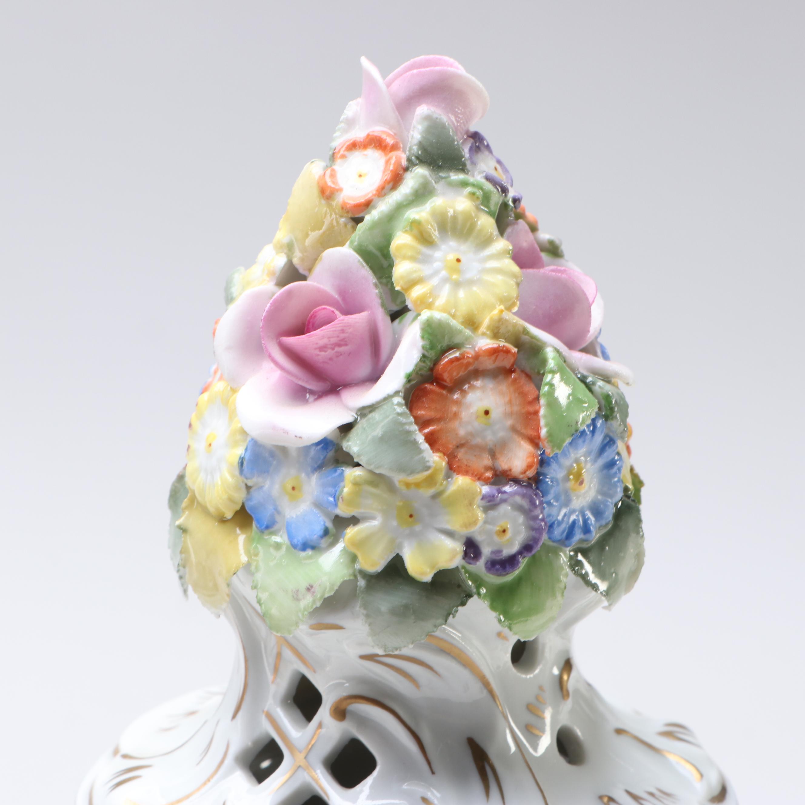 German Floral Gilt Porcelain Lidded Vases and Centerpiece, Late 20th Century