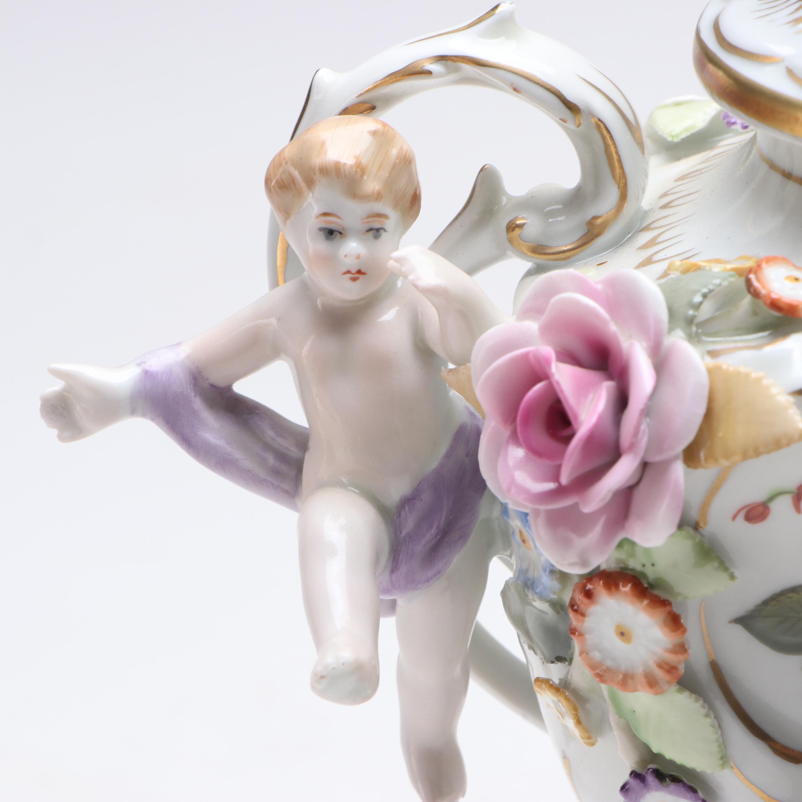 German Floral Gilt Porcelain Lidded Vases and Centerpiece, Late 20th Century