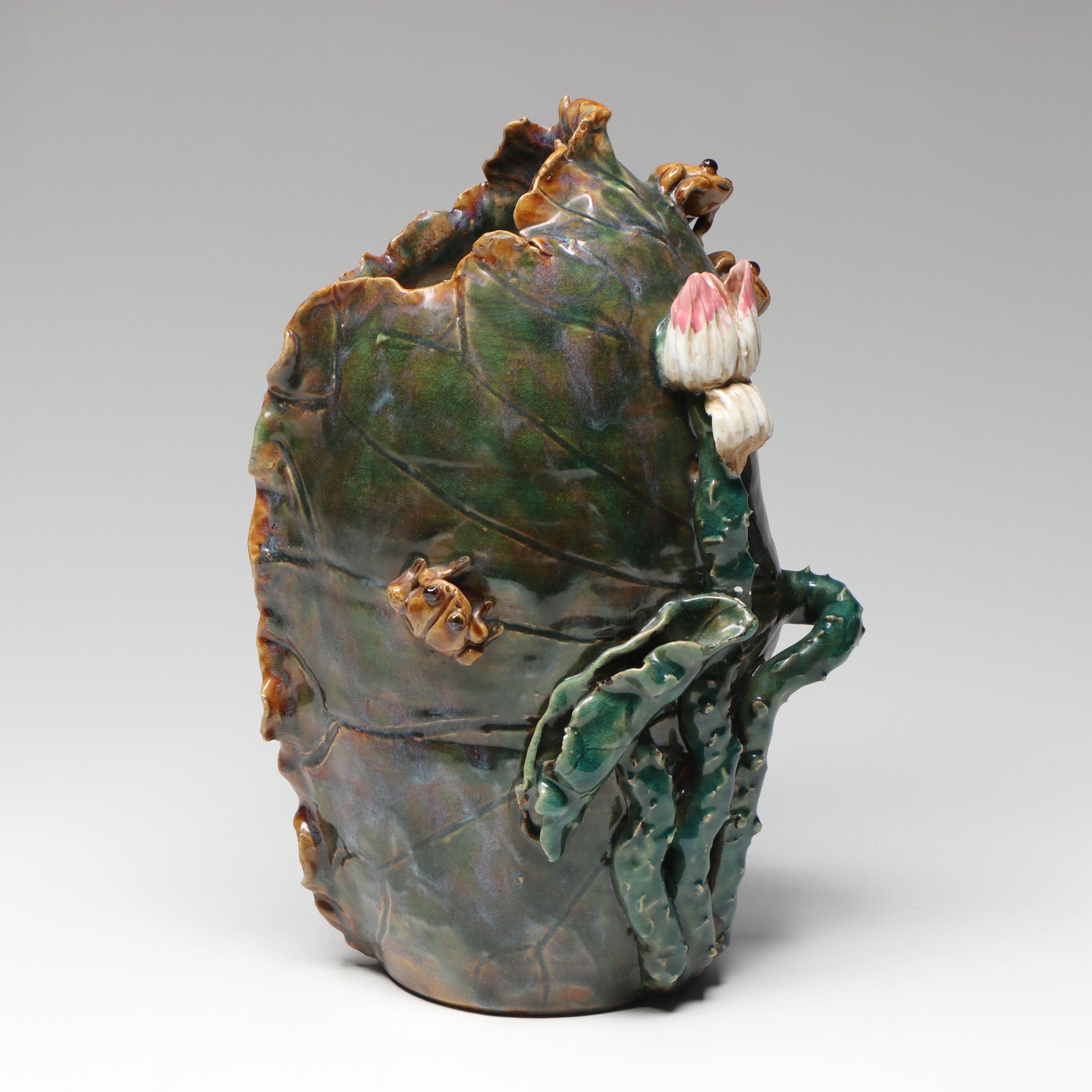 Art Pottery Frog and Flower Ceramic Vase