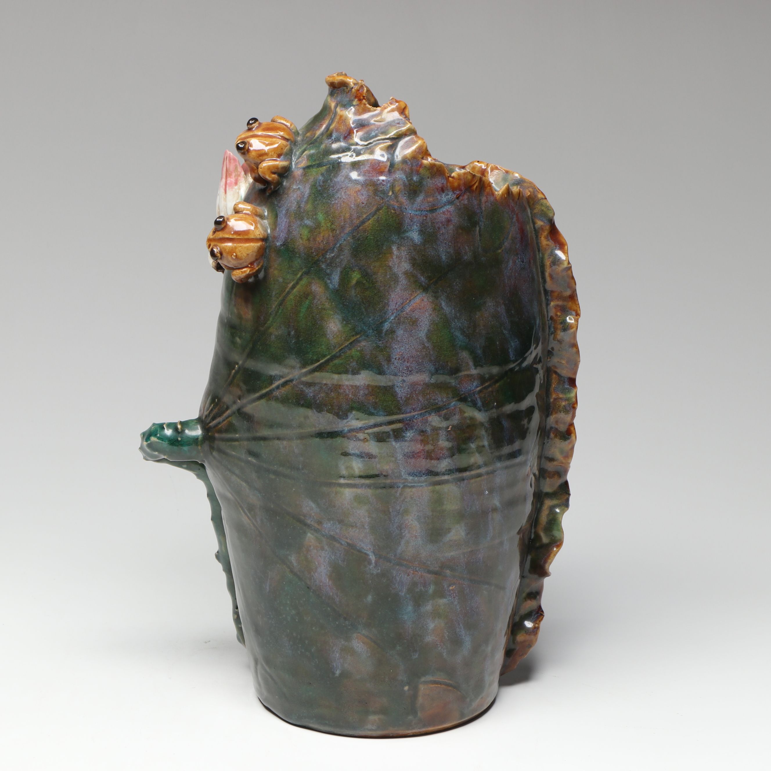 Art Pottery Frog and Flower Ceramic Vase