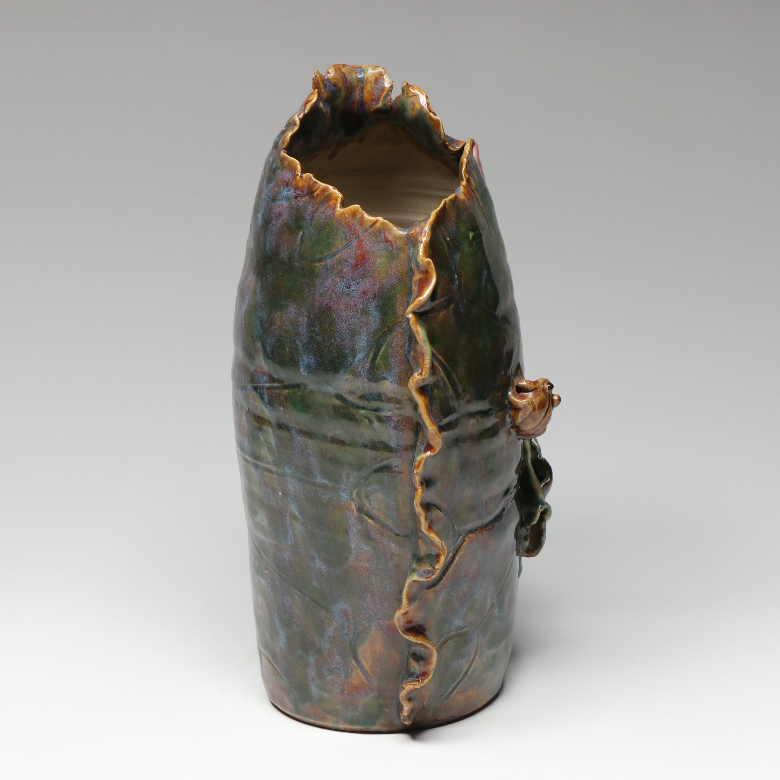 Art Pottery Frog and Flower Ceramic Vase