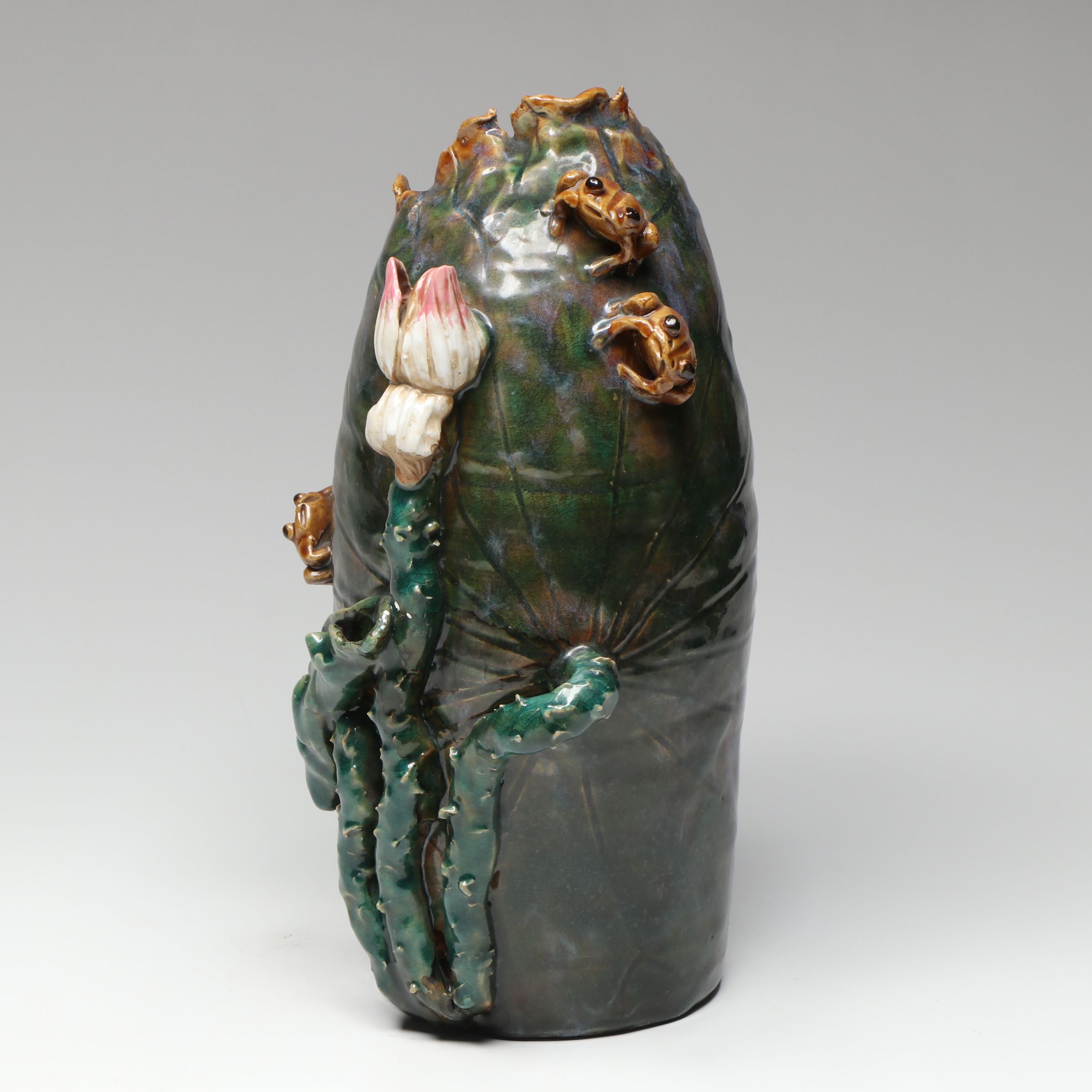 Art Pottery Frog and Flower Ceramic Vase
