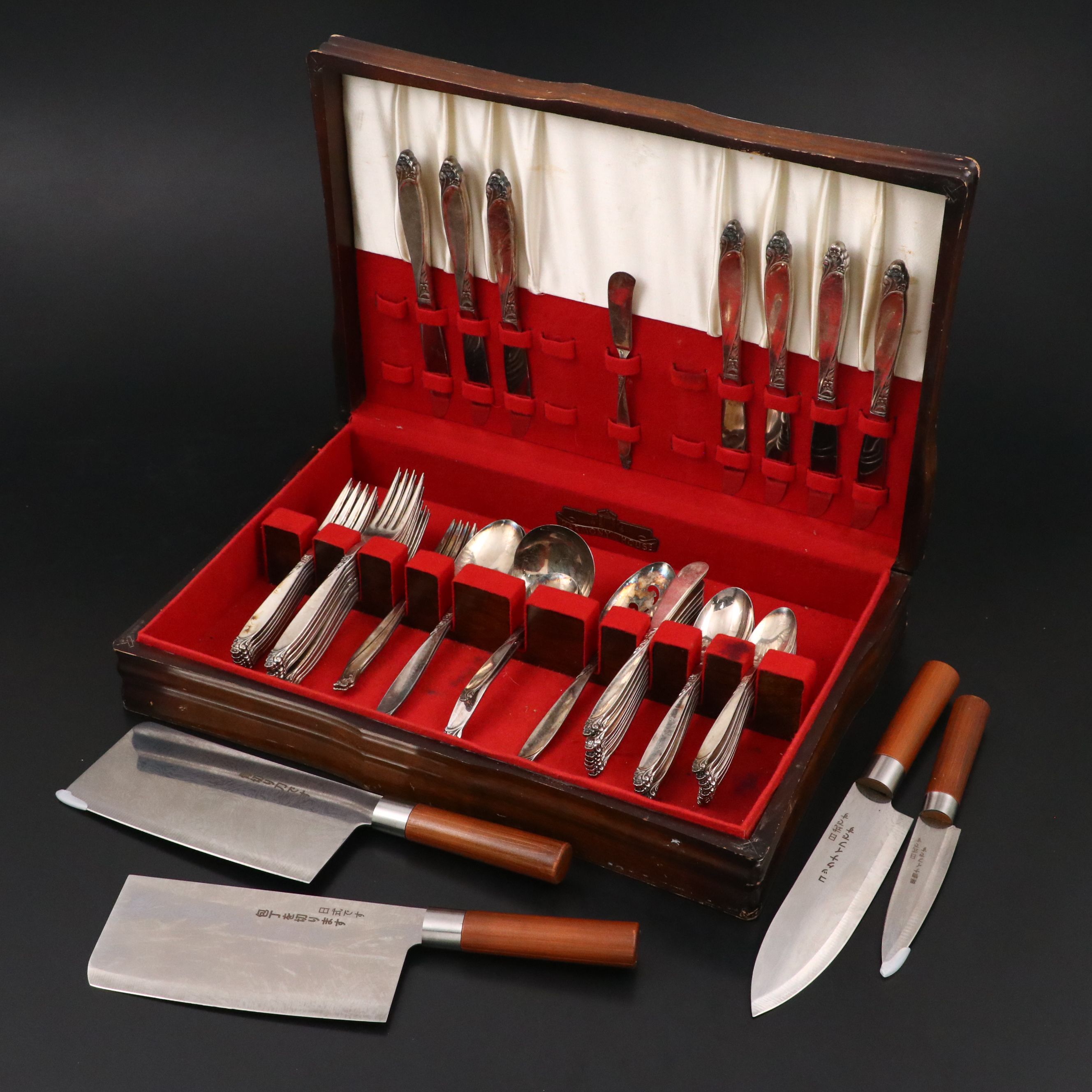 Oneida Prestige "Firelight" Silver Plate Flatware with Japanese Chef's Knife Set