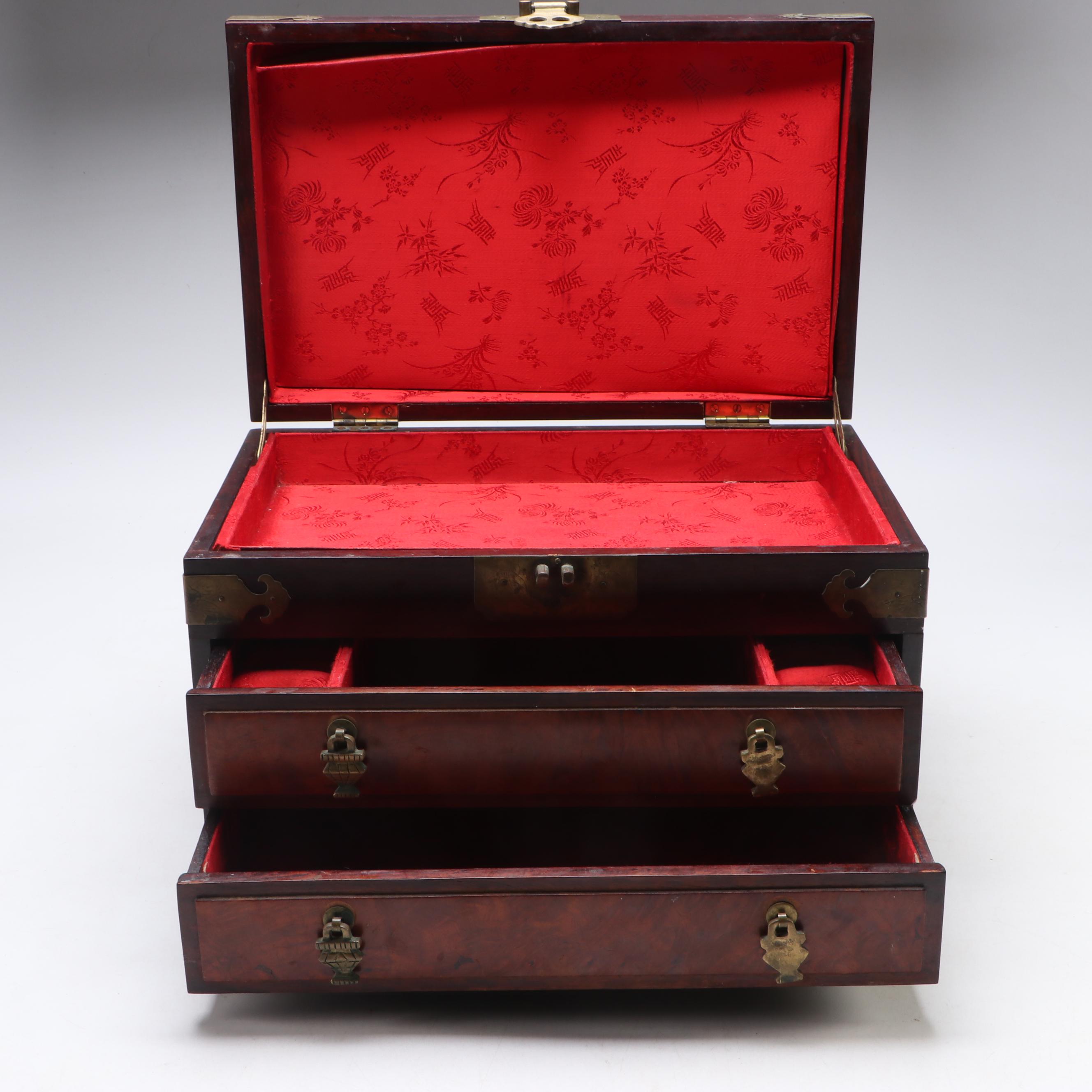 Chinese Style Rosewood and Burl Wood Jewelry Box