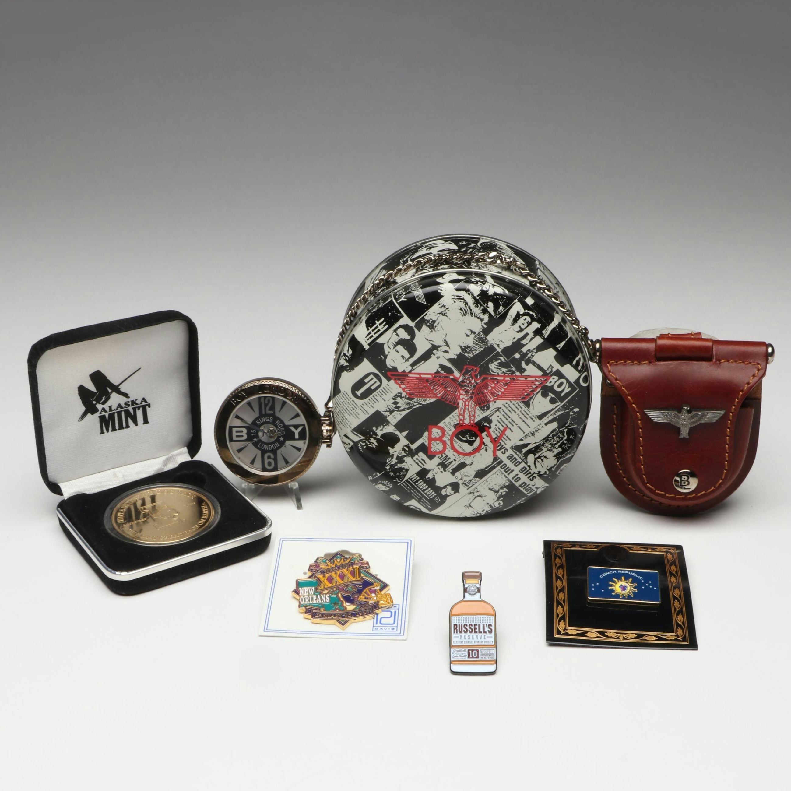 Boy London Pocket Watch with Golden Bronze Iditarod Medallion and Enamel Pins