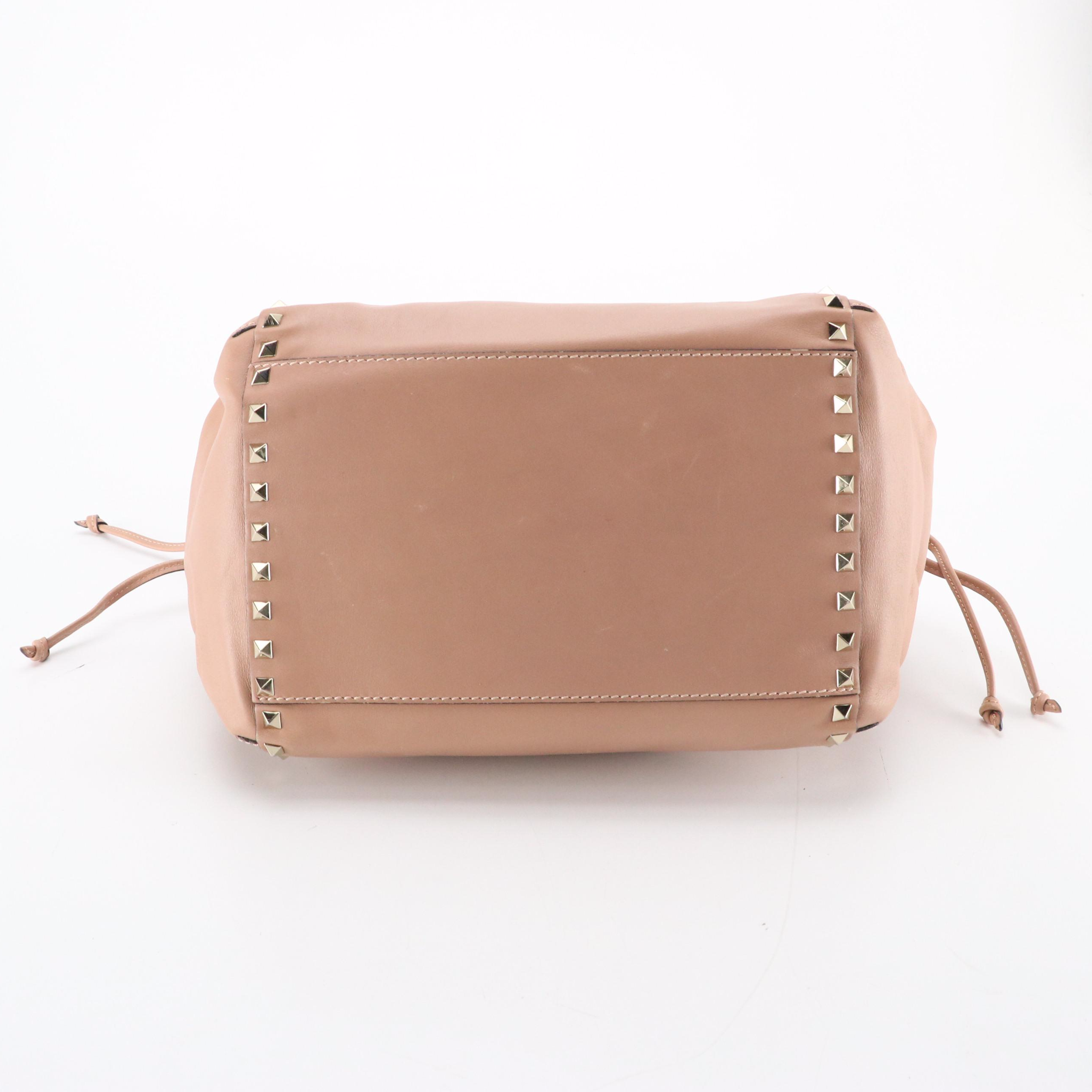 Valentino Garavani Rockstud Drawstring Tote in Beige Calfskin Leather
