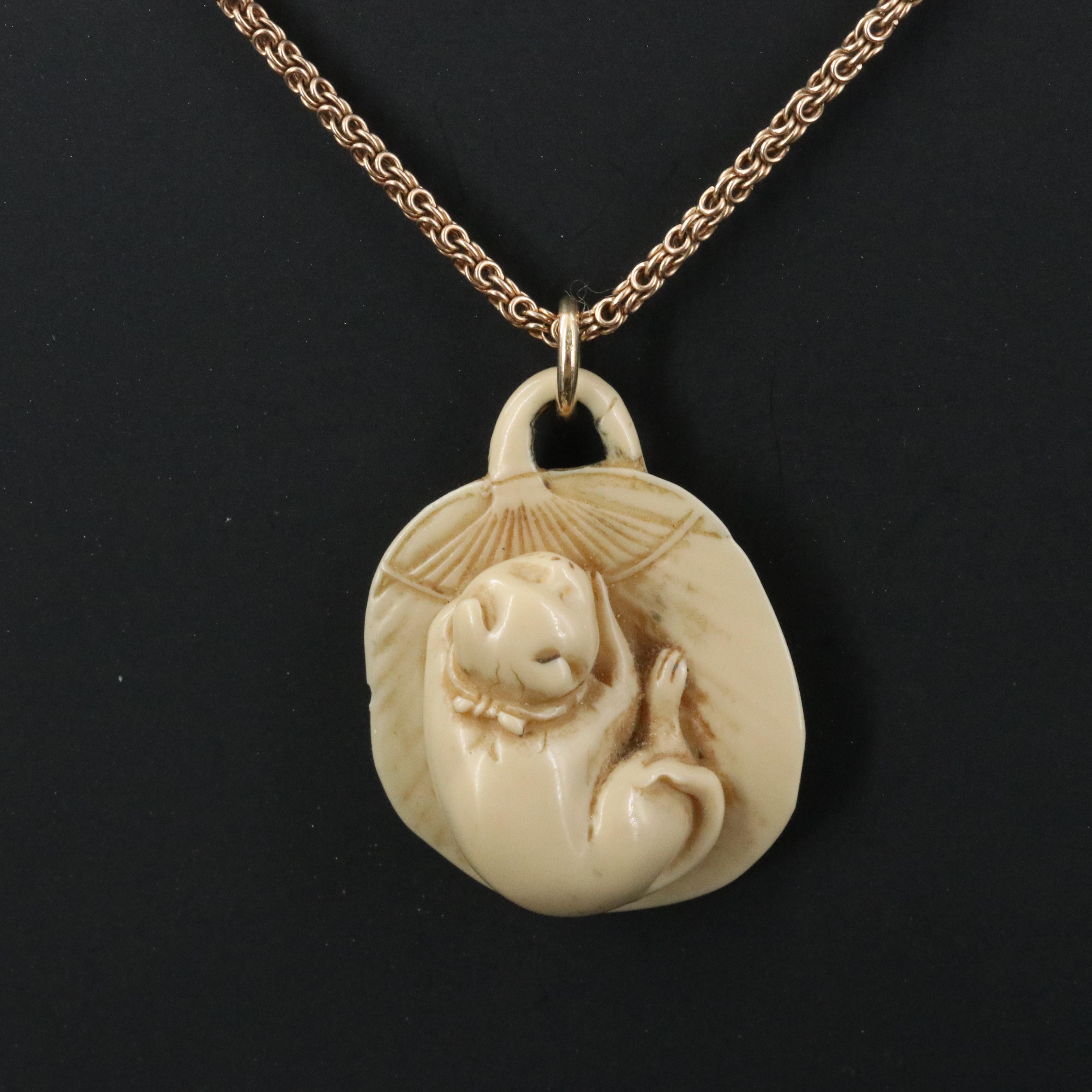 14K Chain with Celluloid Netsuke Sleeping Cat Pendant
