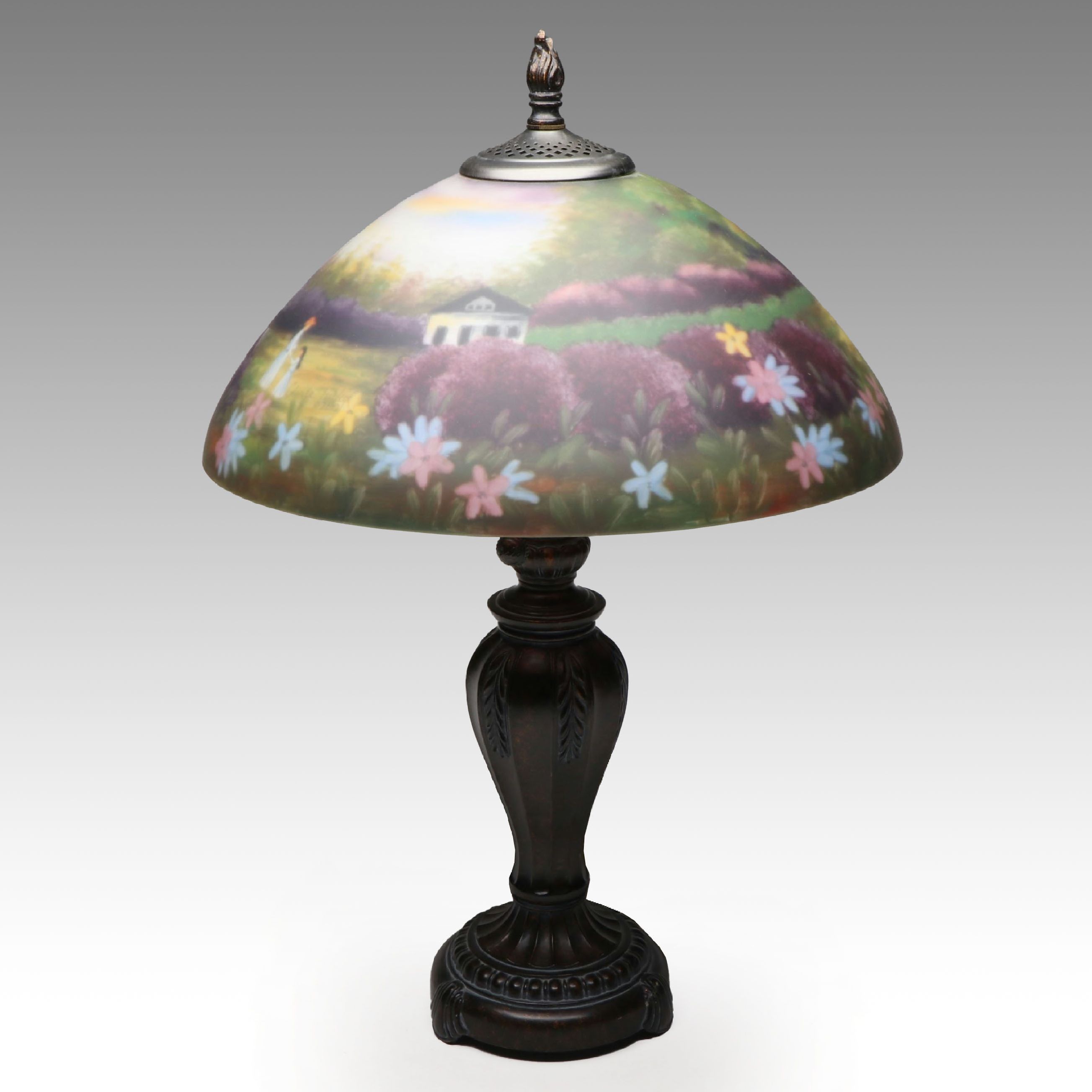 Glynda Turley Bronzed Spelter Table Lamp with Bucolic Reverse Painted Shade