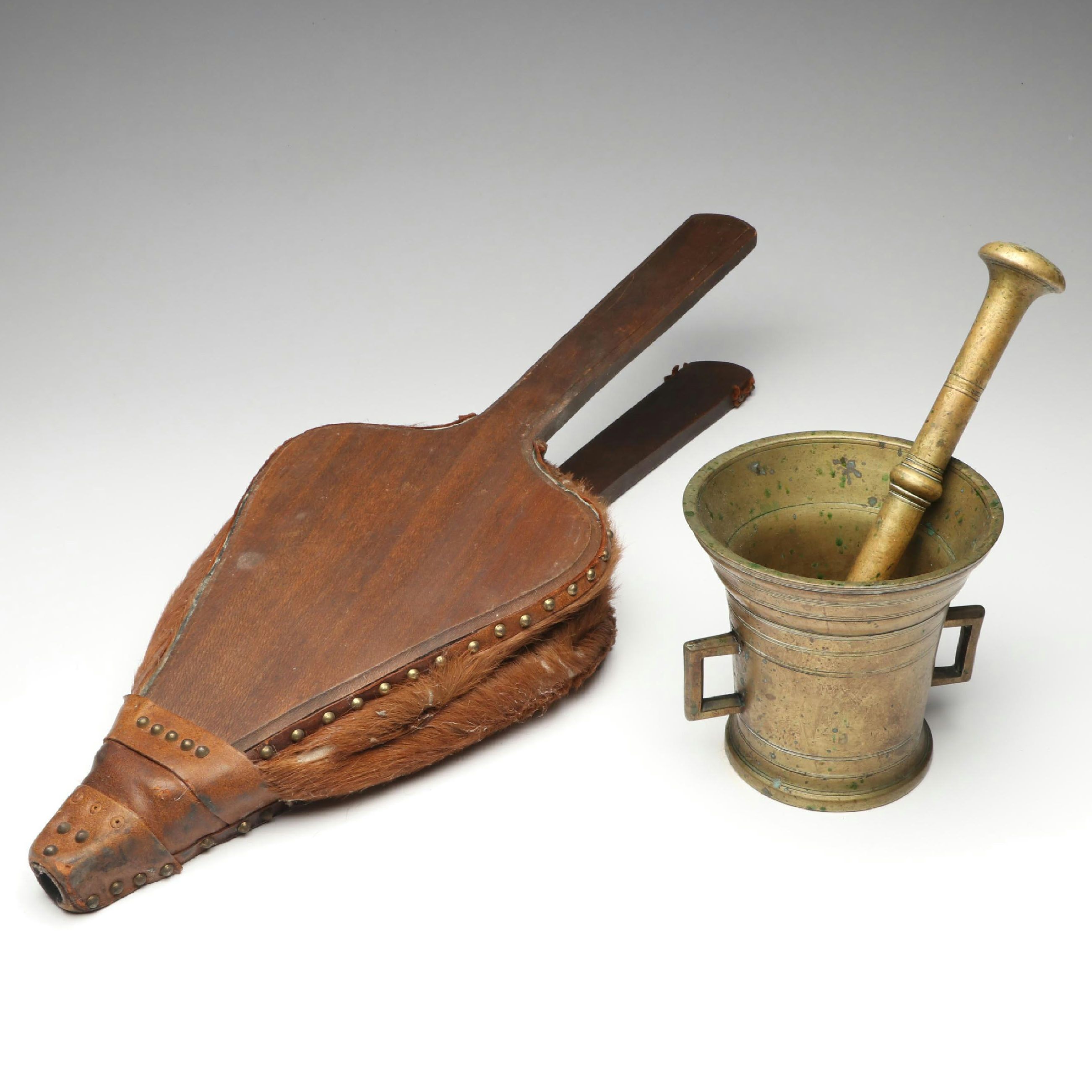 French Hair on Hide Blacksmith's Bellows with Brass Mortar and Pestle