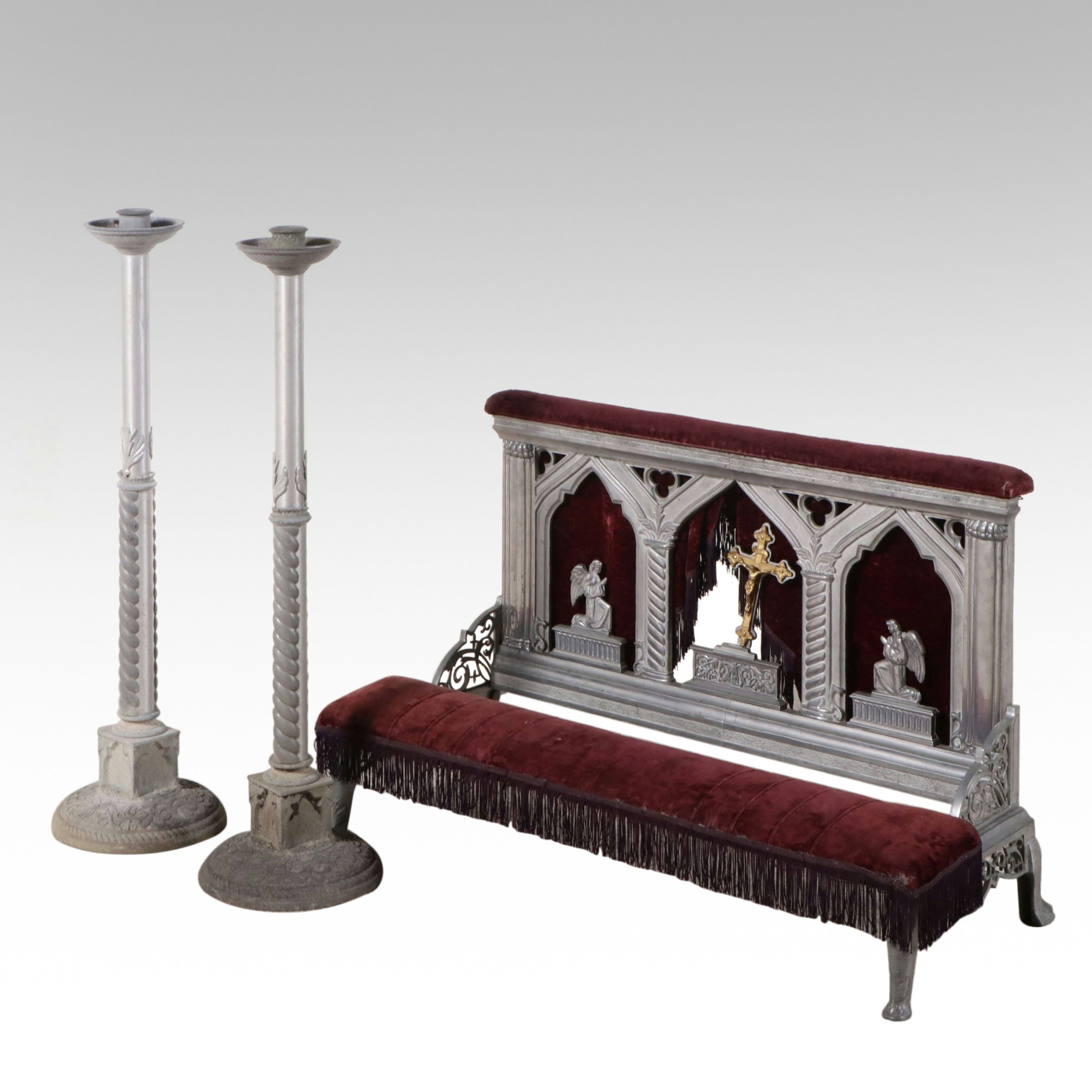 Velvet Tufted Prayer Kneeler and Pair of Altar Candlesticks