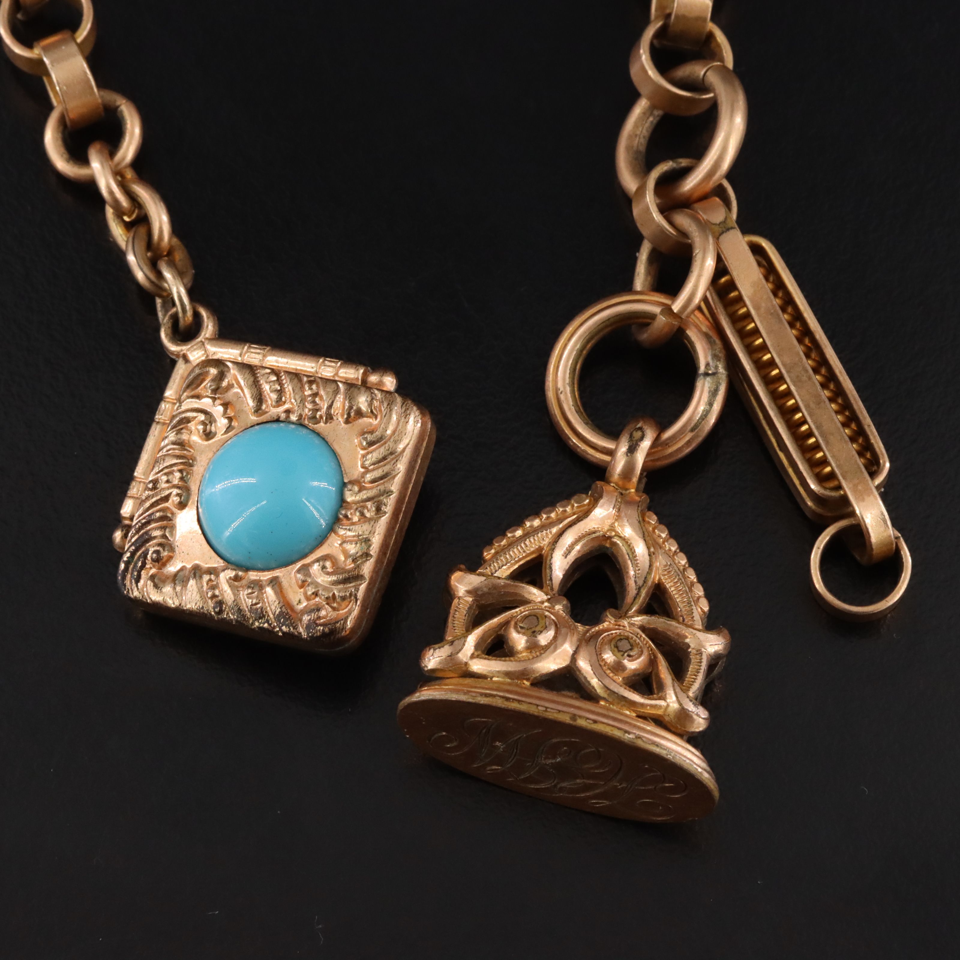Antique Watch Chain with Reversible Glass and Monogrammed Fob Charms