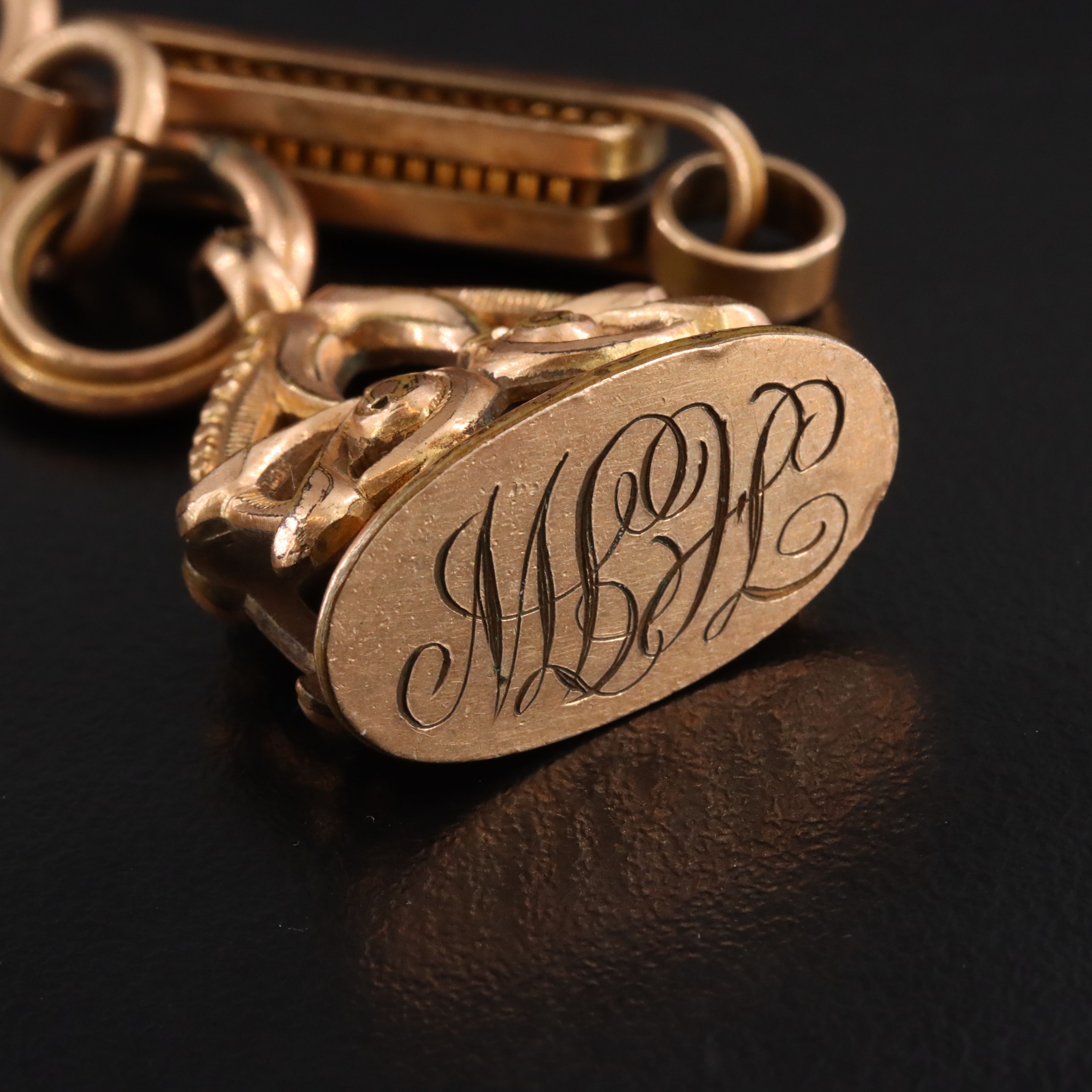 Antique Watch Chain with Reversible Glass and Monogrammed Fob Charms