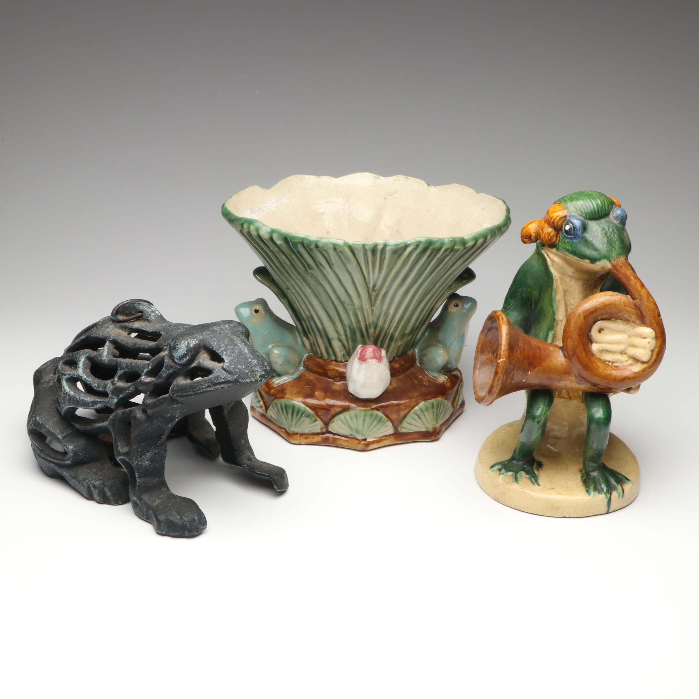 Frog Themed Majolica Vase, Metal Tea Light Holder and Musician Character