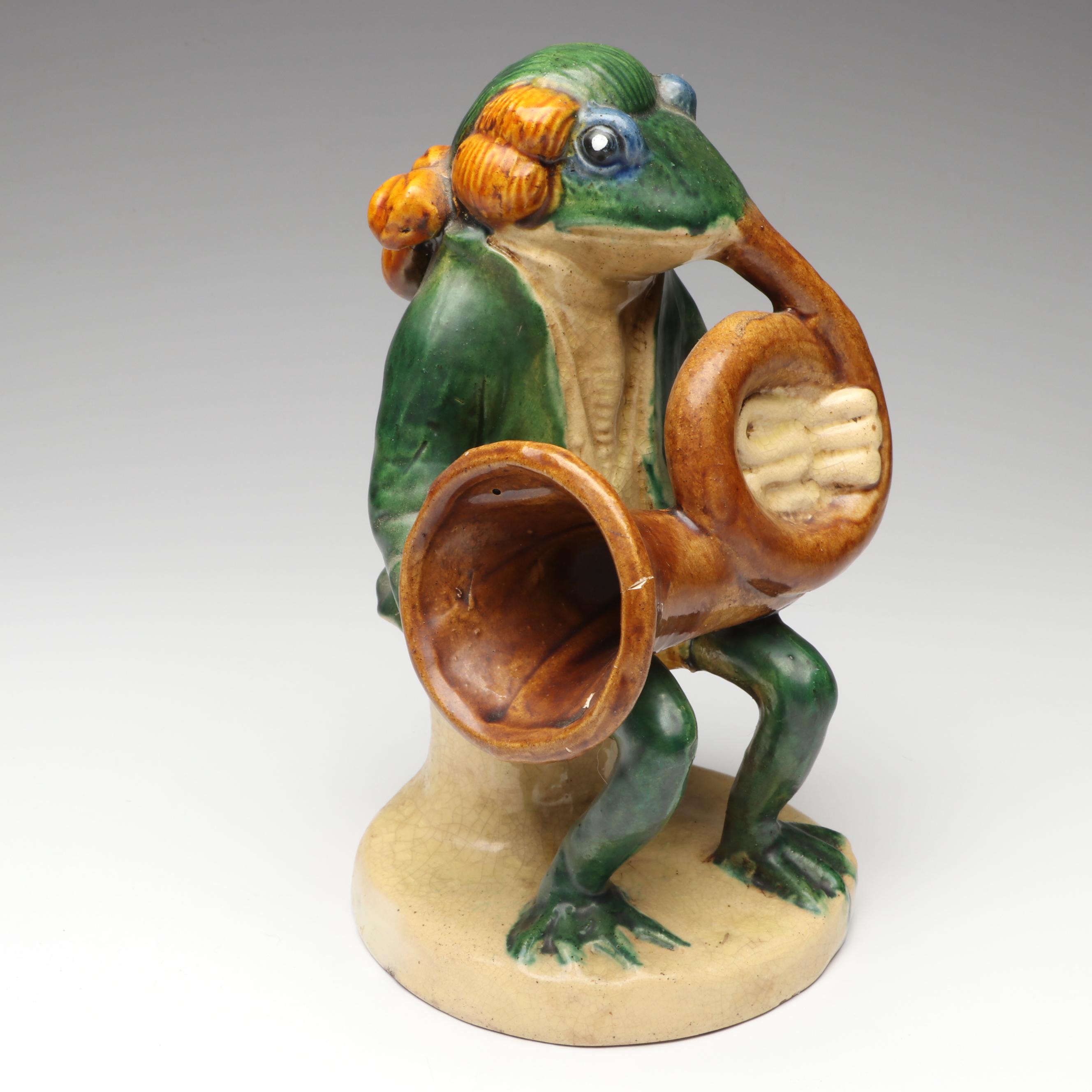 Frog Themed Majolica Vase, Metal Tea Light Holder and Musician Character
