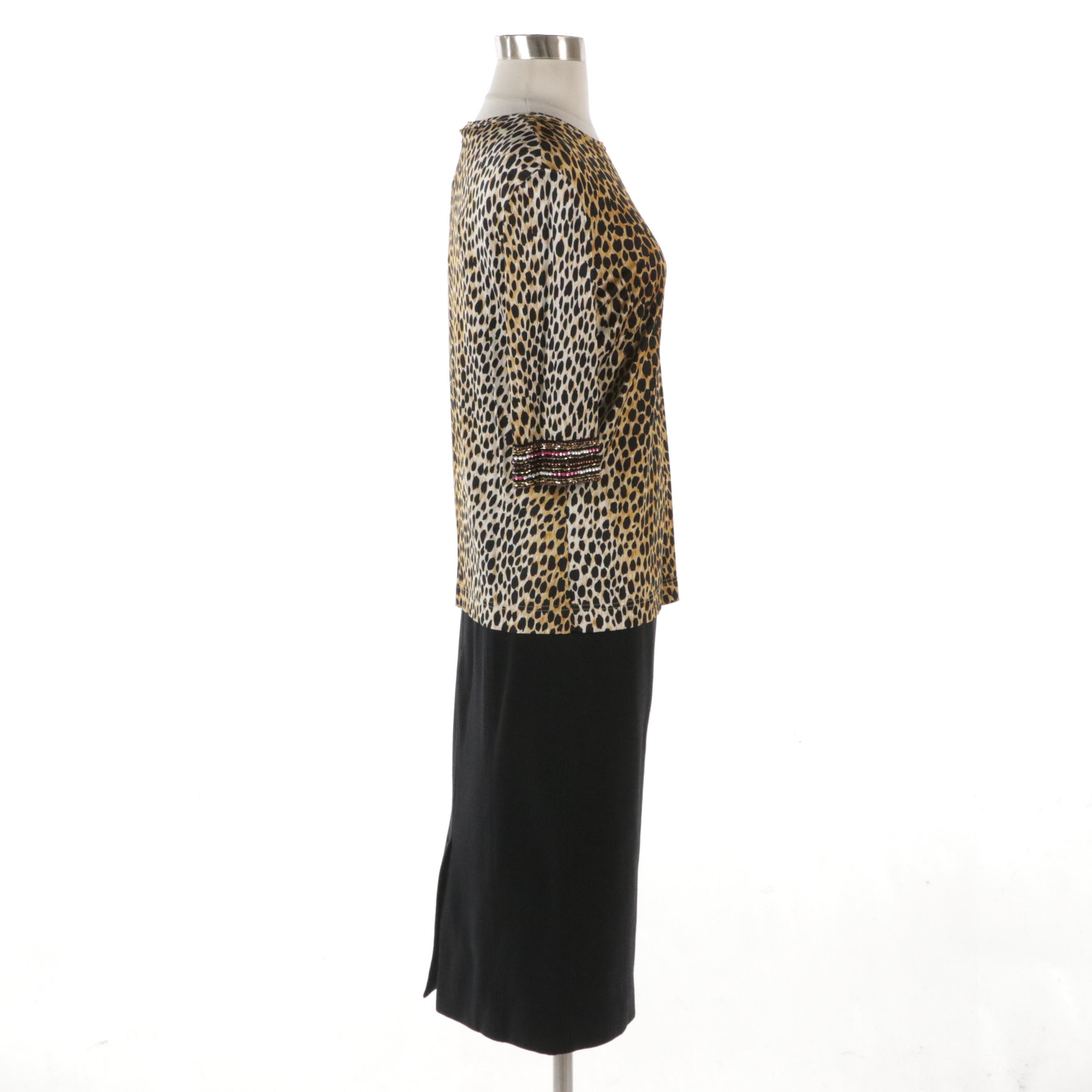 Dolce & Gabbana Black Wool Blend Pencil Skirt Cheetah Print Blouse with Tags