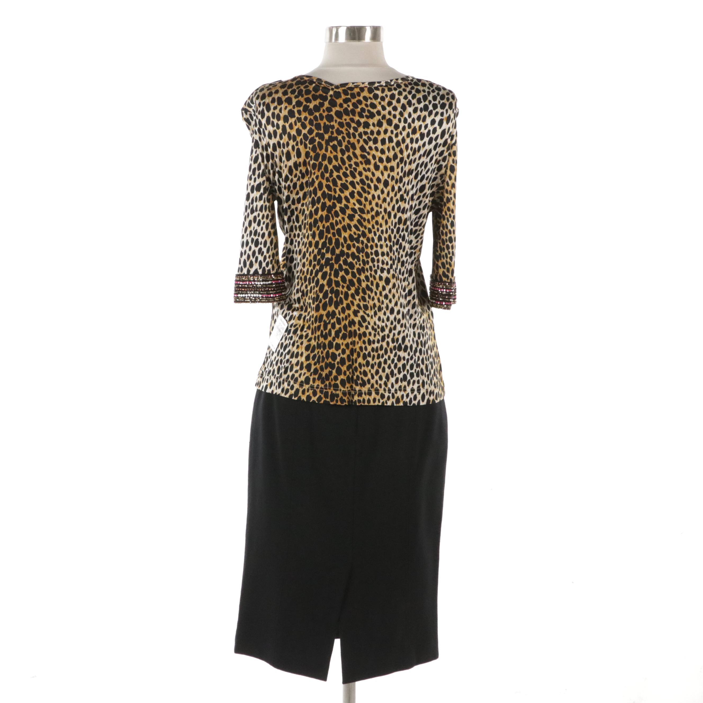 Dolce & Gabbana Black Wool Blend Pencil Skirt Cheetah Print Blouse with Tags