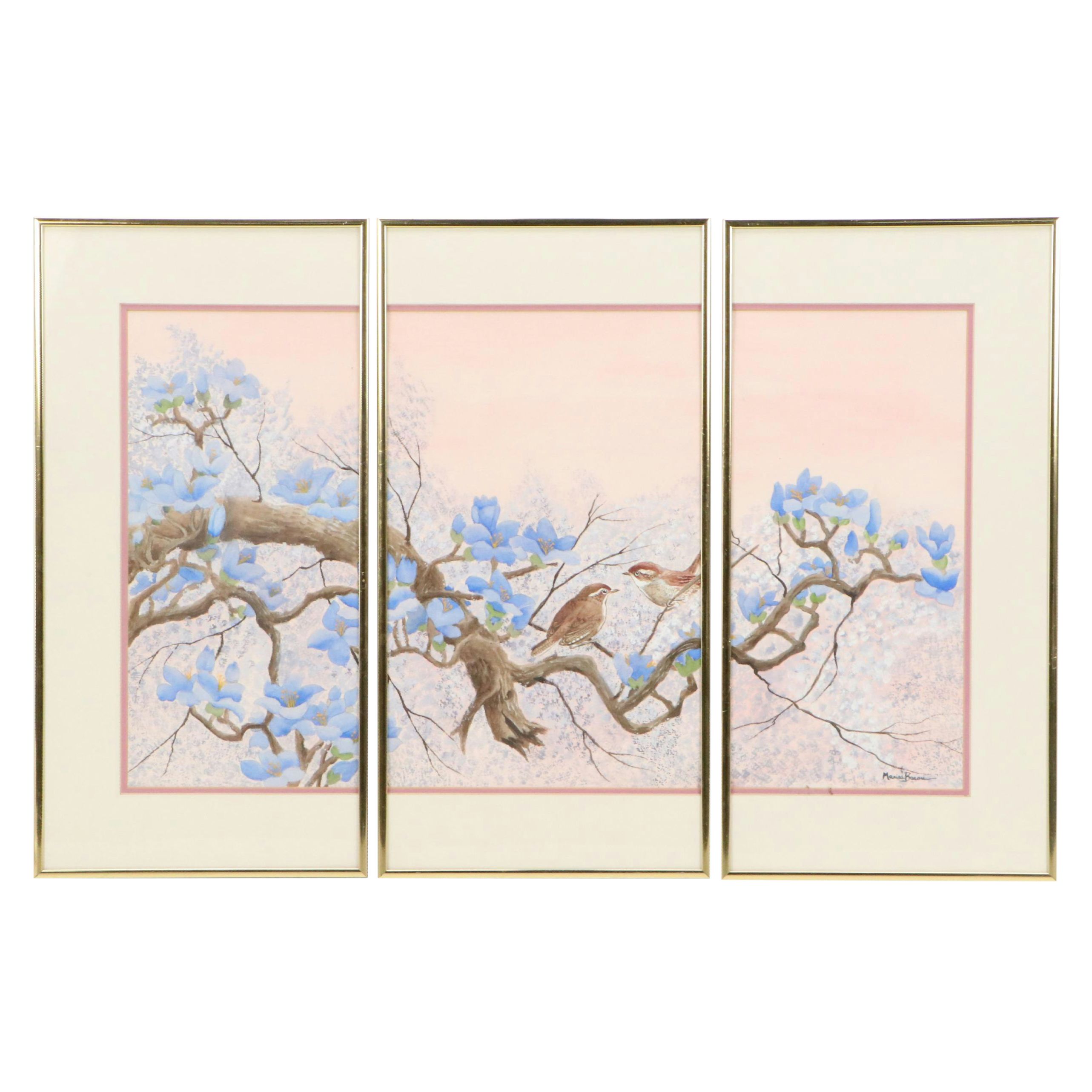 Marisa Baron Huaniaohua Style Triptych Watercolor Painting