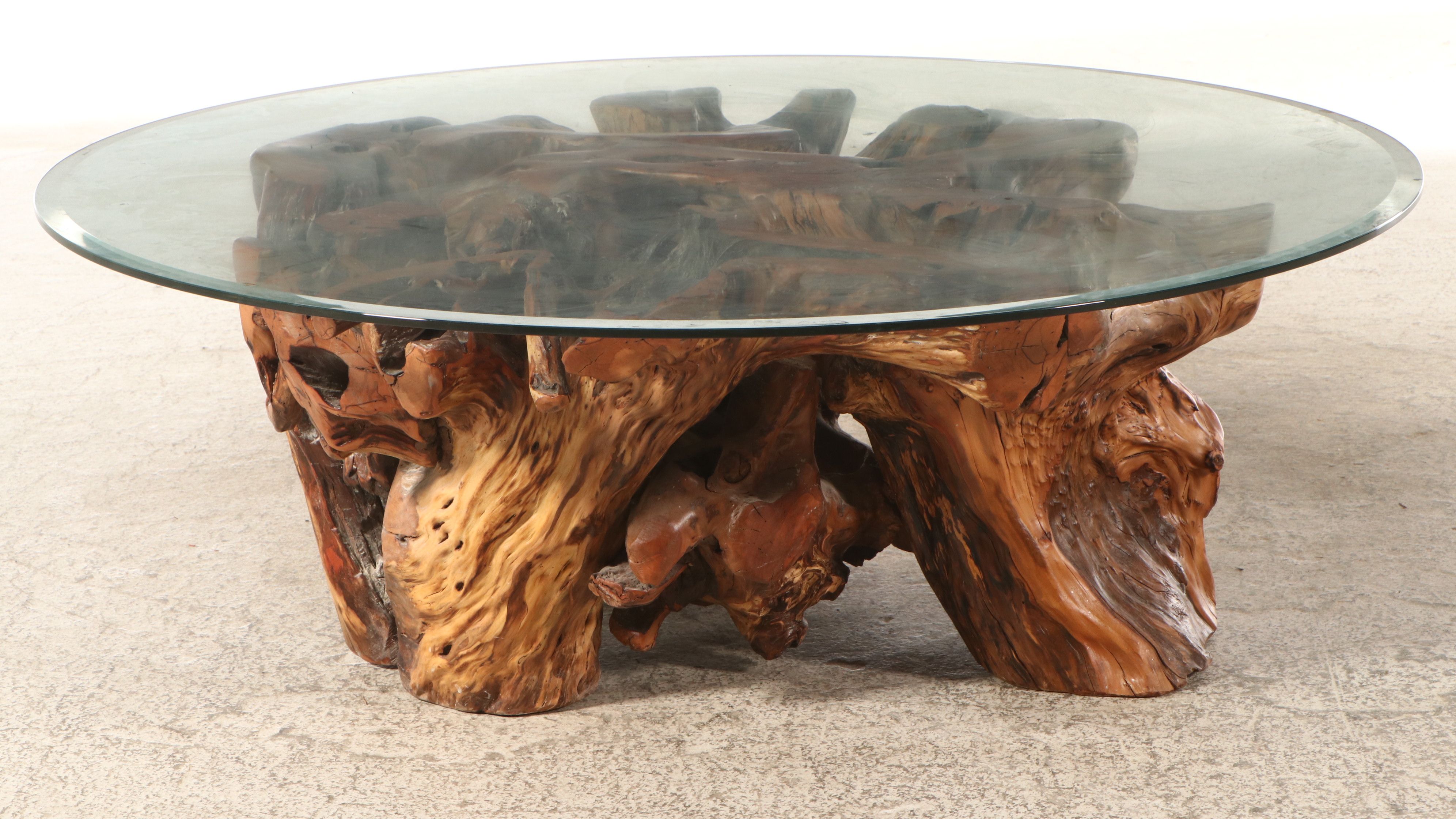 Teak Wood Root Ball Glass Top Coffee Table, Contemporary