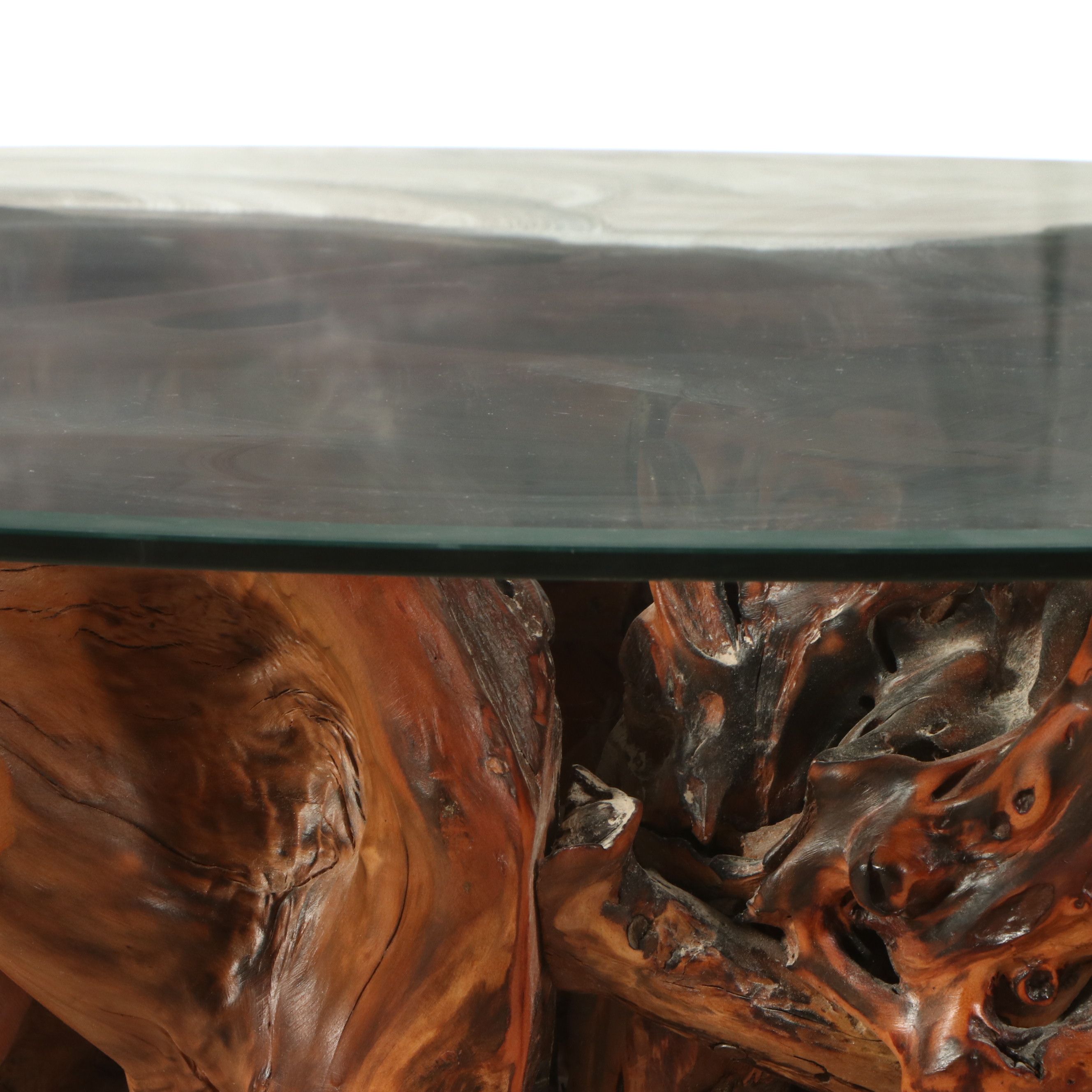 Teak Wood Root Ball Glass Top Coffee Table, Contemporary