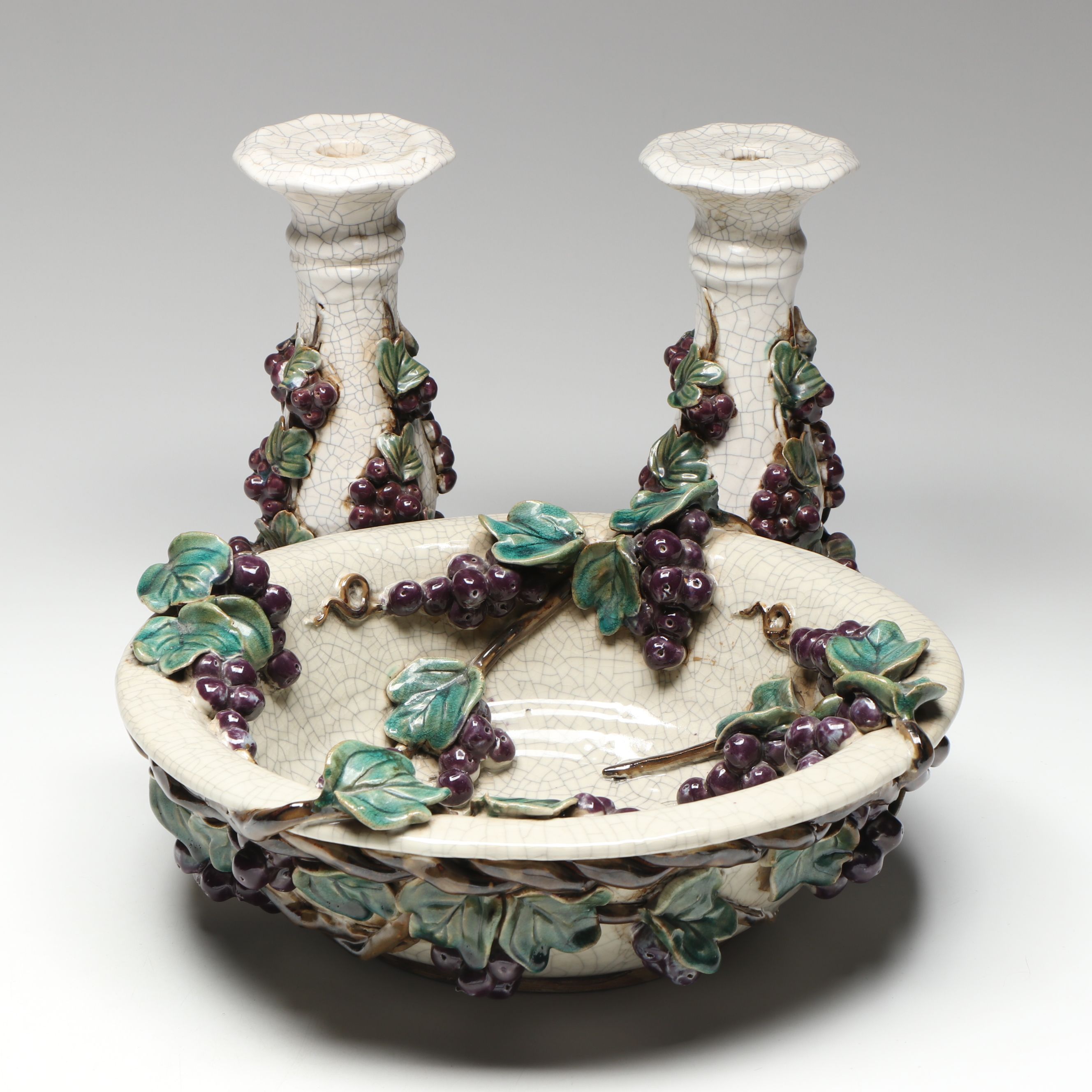 Grapevine Ceramic Candle Holders and Decorative Bowl