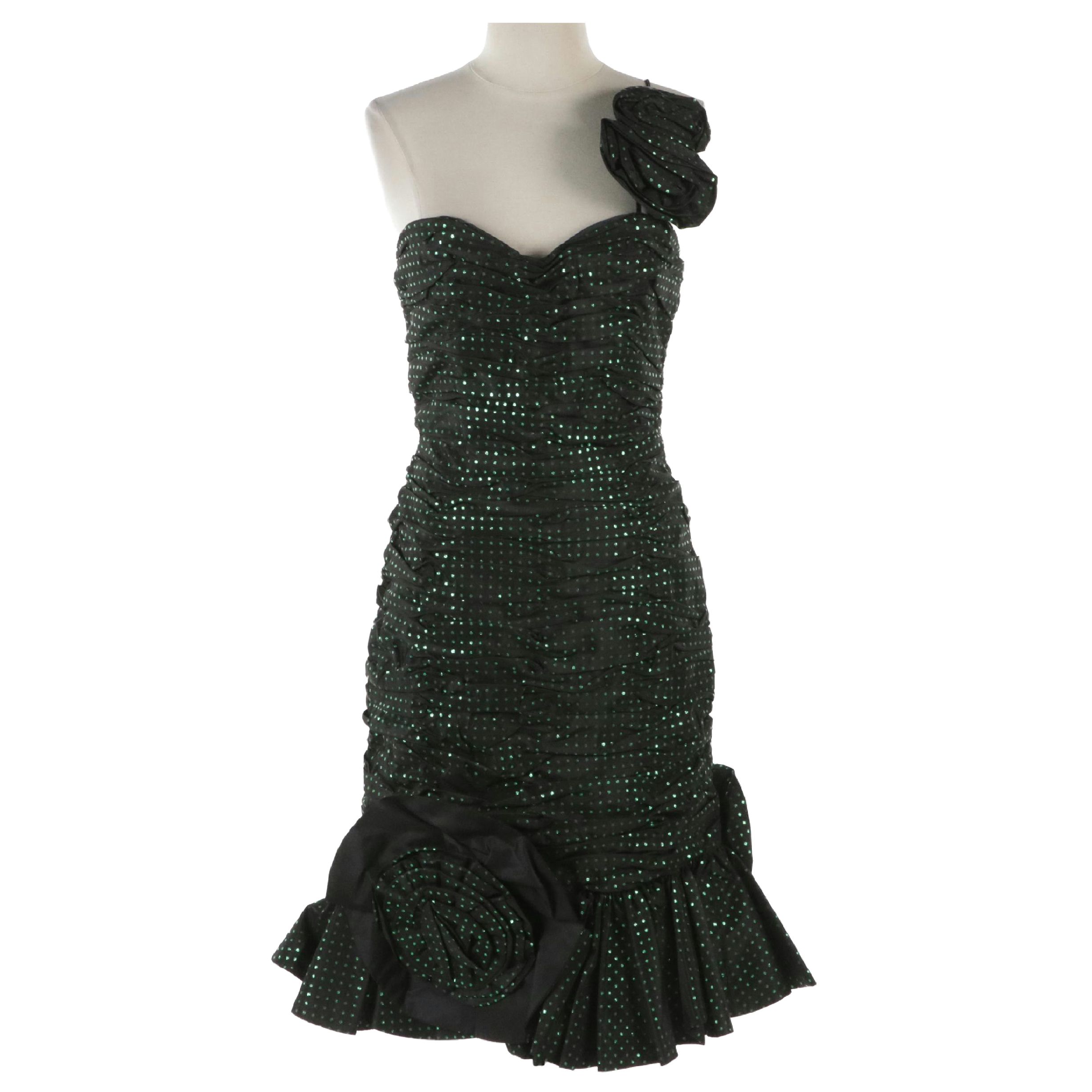 Victor Costa Vintage Polka Dot Ruched Party Dress with Rosette Details