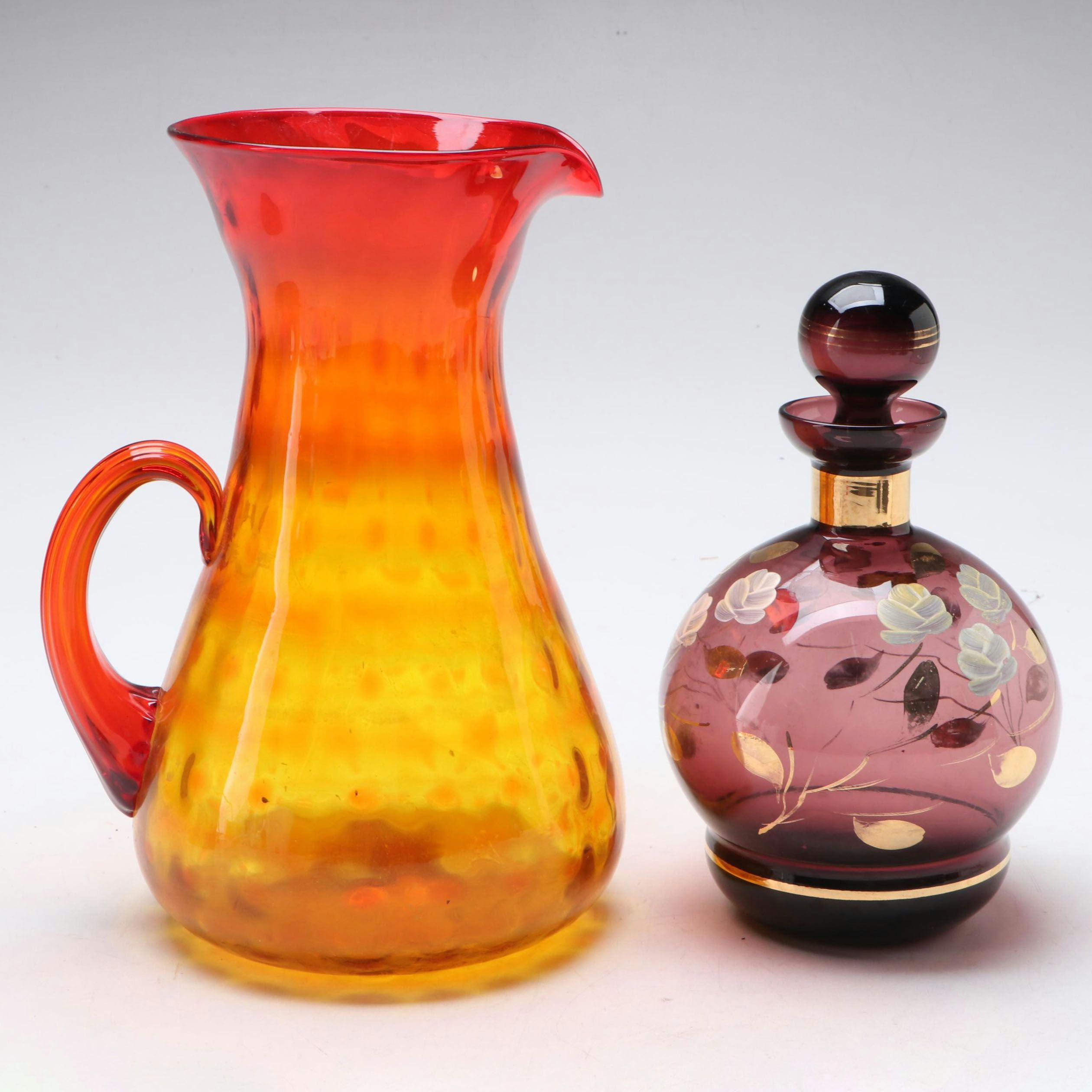 Mid Century Modern Style Amberina Glass Pitcher with Hand-Painted Glass Decanter