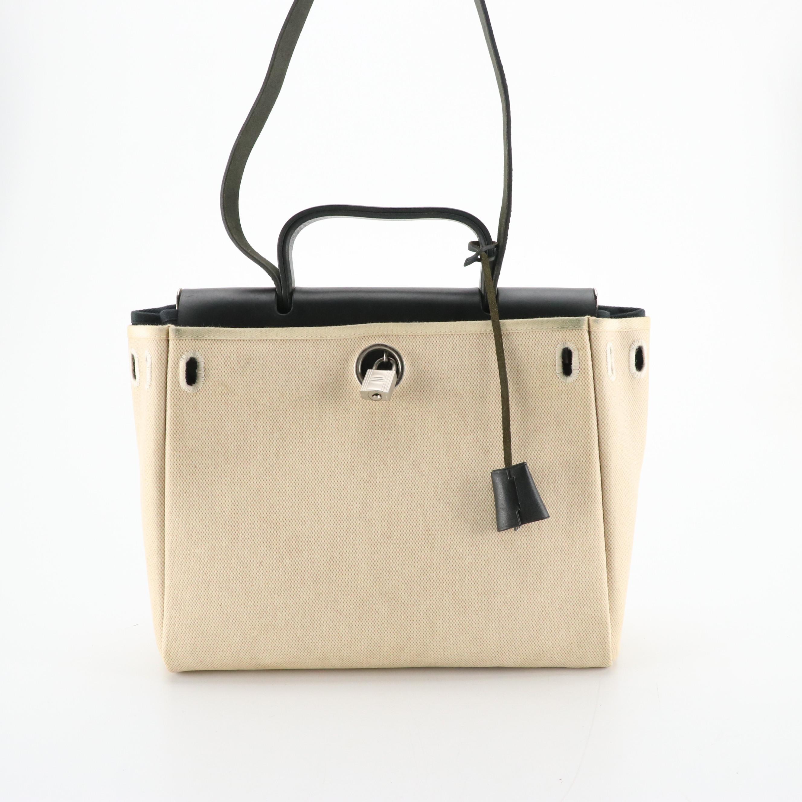 Hermès Herbag Cabas 2-in-1 Tote in Canvas Toile & Black Vache Leather, With Box