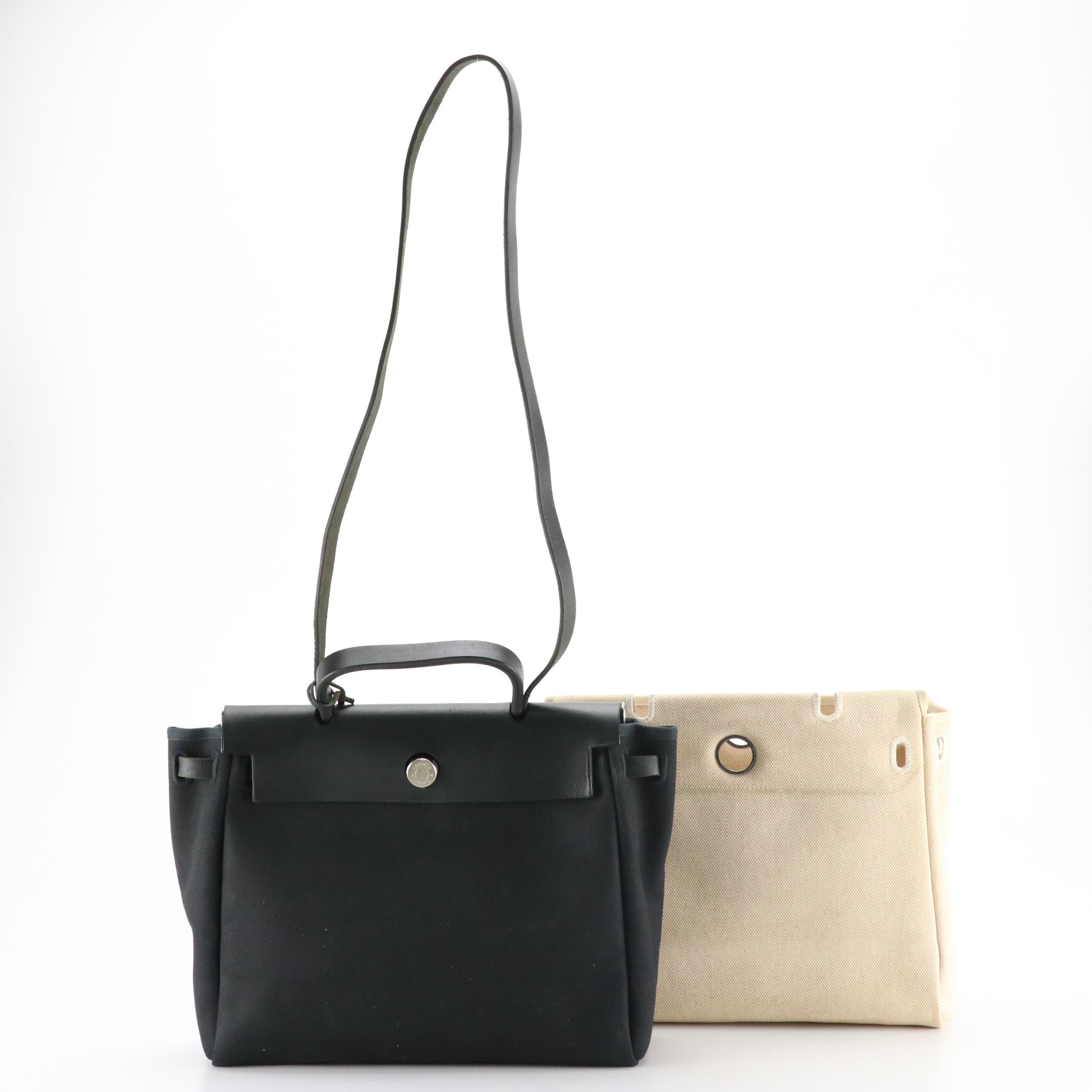 Hermès Herbag Cabas 2-in-1 Tote in Canvas Toile & Black Vache Leather, With Box