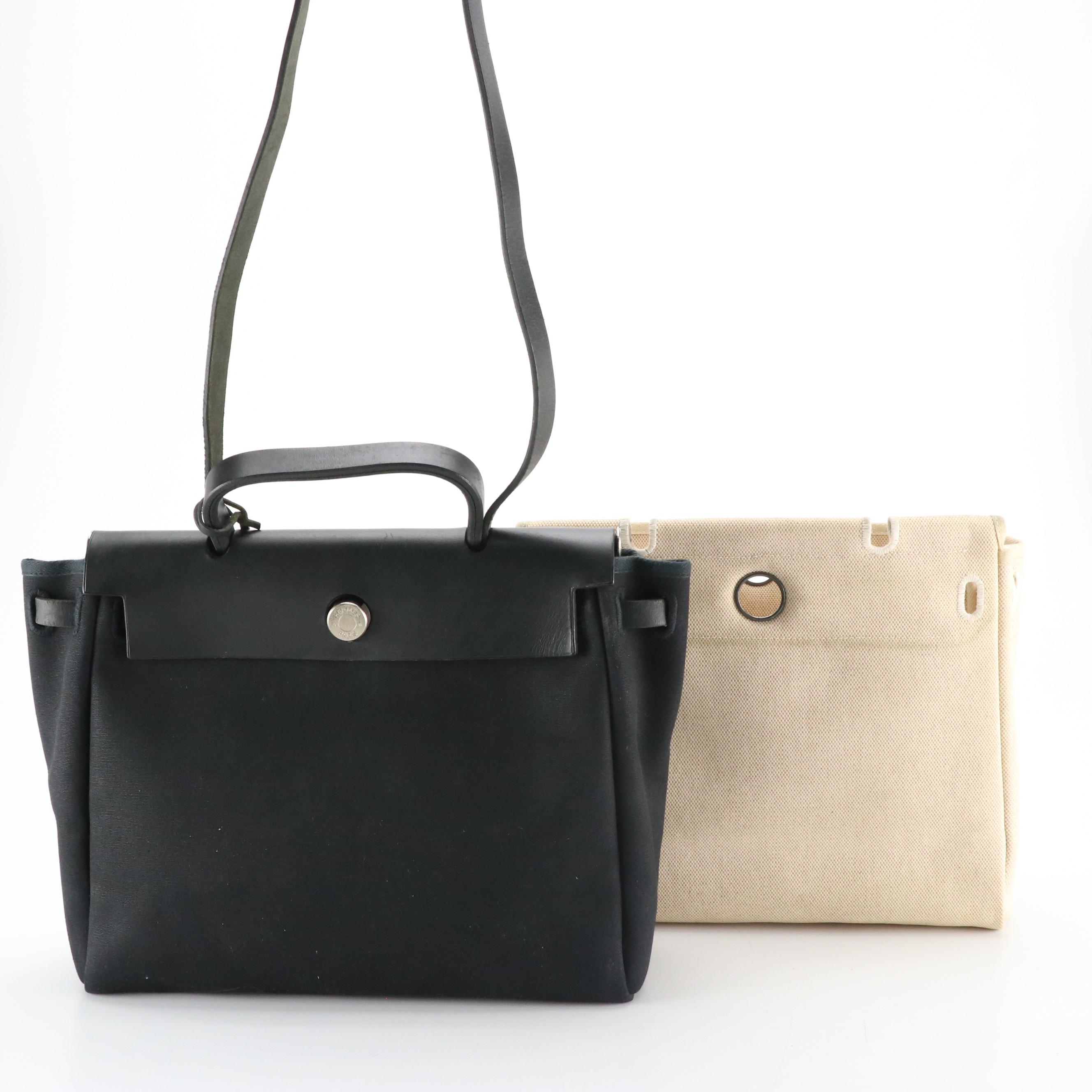 Hermès Herbag Cabas 2-in-1 Tote in Canvas Toile & Black Vache Leather, With Box
