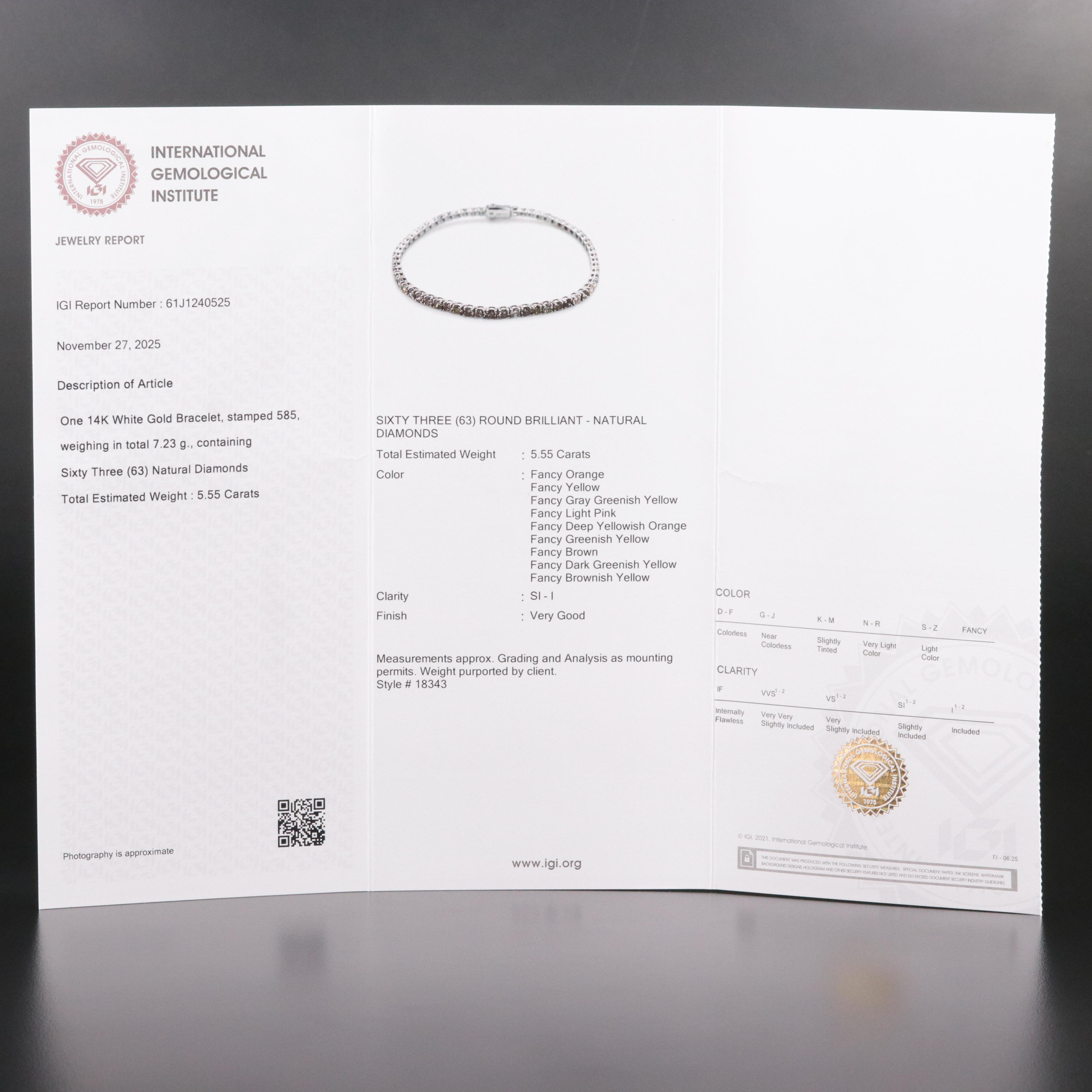 14K 5.55 CTW Fancy Diamond Line Bracelet with IGI Jewelry Report